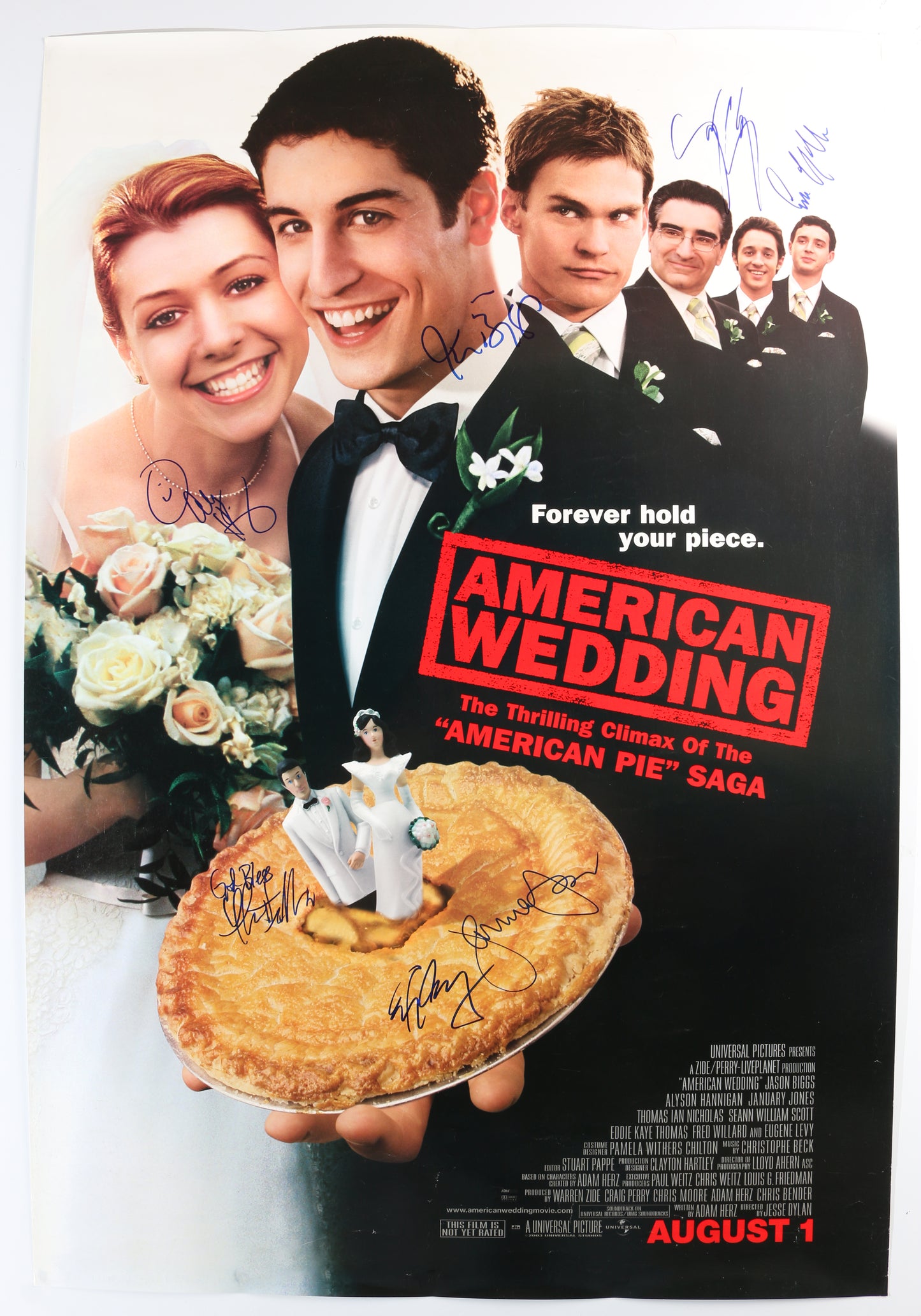 
                  
                    American Wedding 27x40 Poster Cast Signed by Jason Biggs, Alyson Hannigan, Seann William Scott, Eddie Kaye Thomas, Eugene Levy, Thomas Ian Nicholas, & January Jones
                  
                