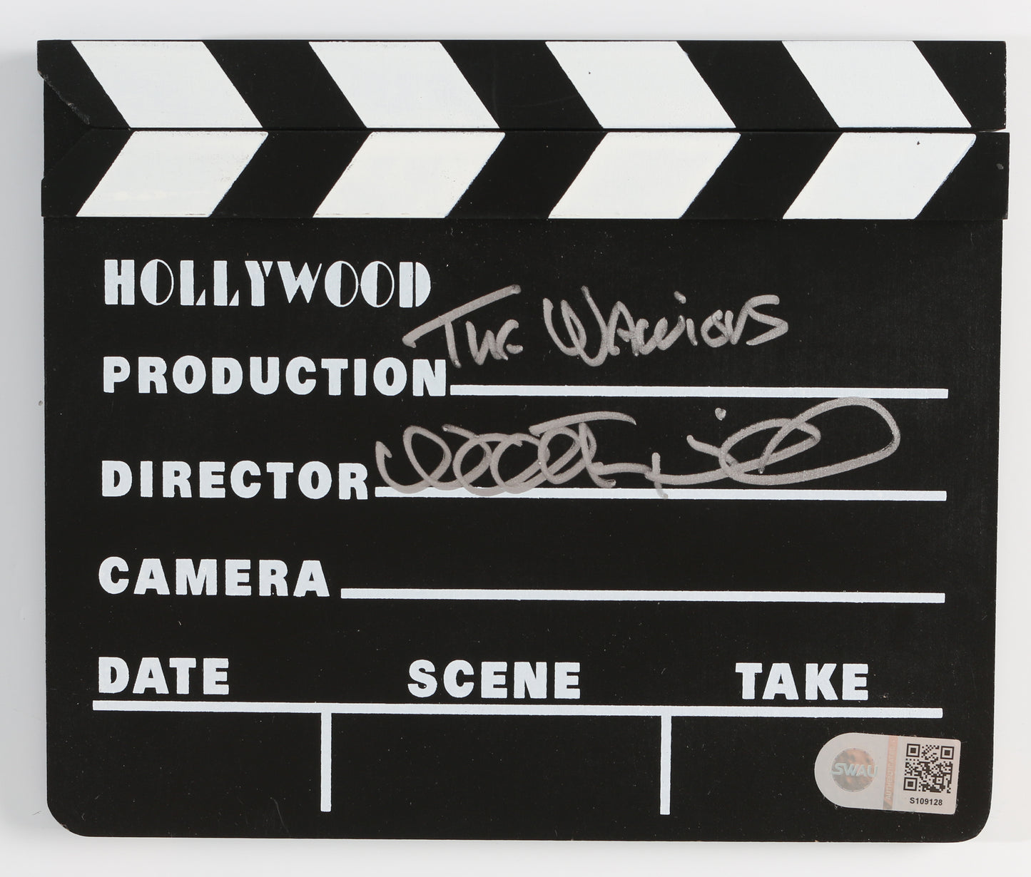 
                  
                    Walter Hill Director of The Warriors (SWAU) Signed Prop Replica Mini Clapperboard with Written Movie Title
                  
                