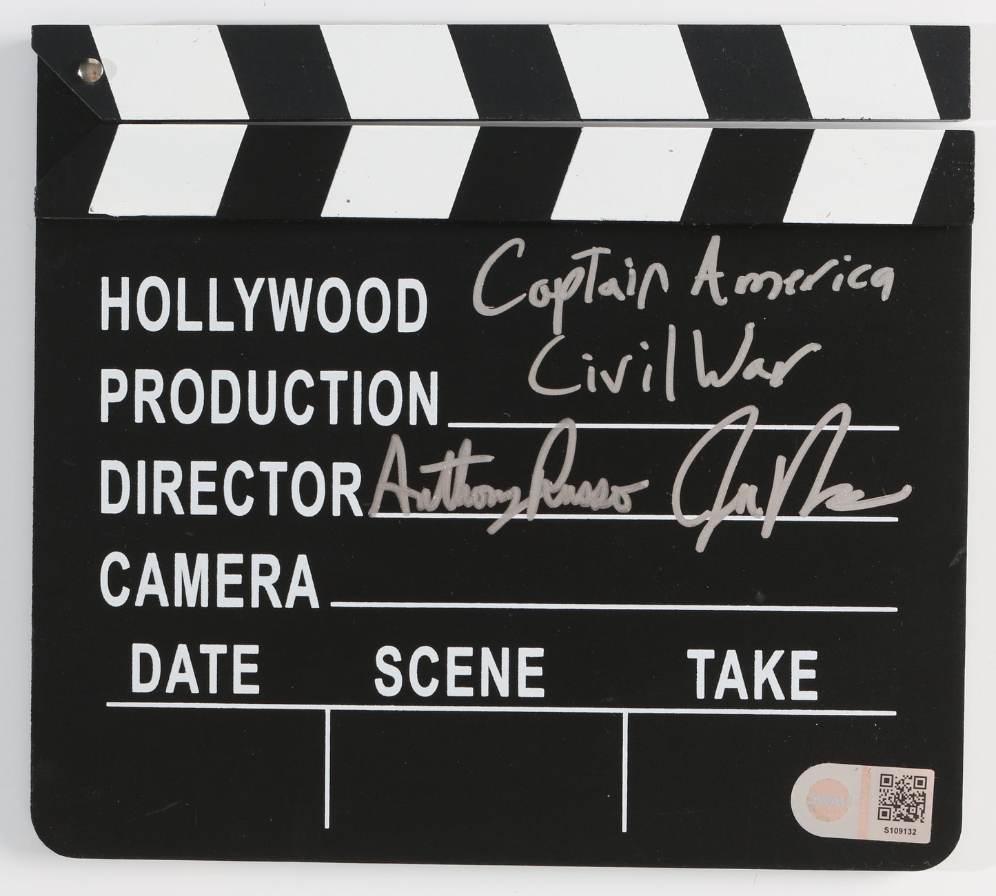 
                  
                    Joe & Anthony Russo Brothers Directors of Captain America: Civil War (SWAU) Signed Prop Replica Mini Clapperboard with Written Movie Title
                  
                