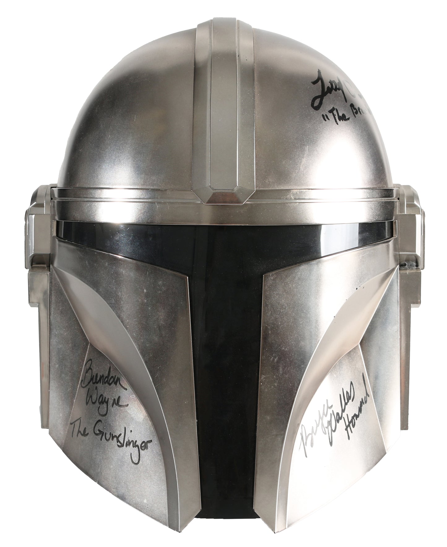 
                  
                    Brendan Wayne as The Mandalorian, Lateef Crowder as The Brawler, & Bryce Dallas Howard Director of Star Wars: The Mandalorian (SWAU) Signed Hasbro Black Series Prop Replica Helmet with Character Names
                  
                