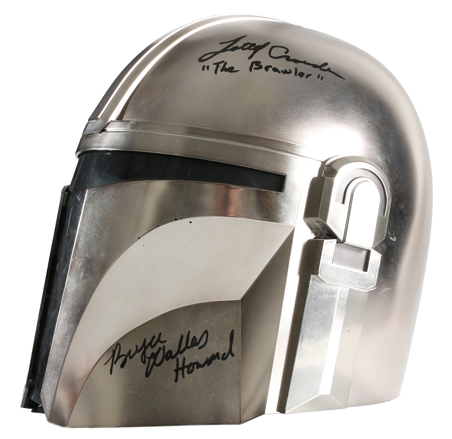 
                  
                    Brendan Wayne as The Mandalorian, Lateef Crowder as The Brawler, & Bryce Dallas Howard Director of Star Wars: The Mandalorian (SWAU) Signed Hasbro Black Series Prop Replica Helmet with Character Names
                  
                