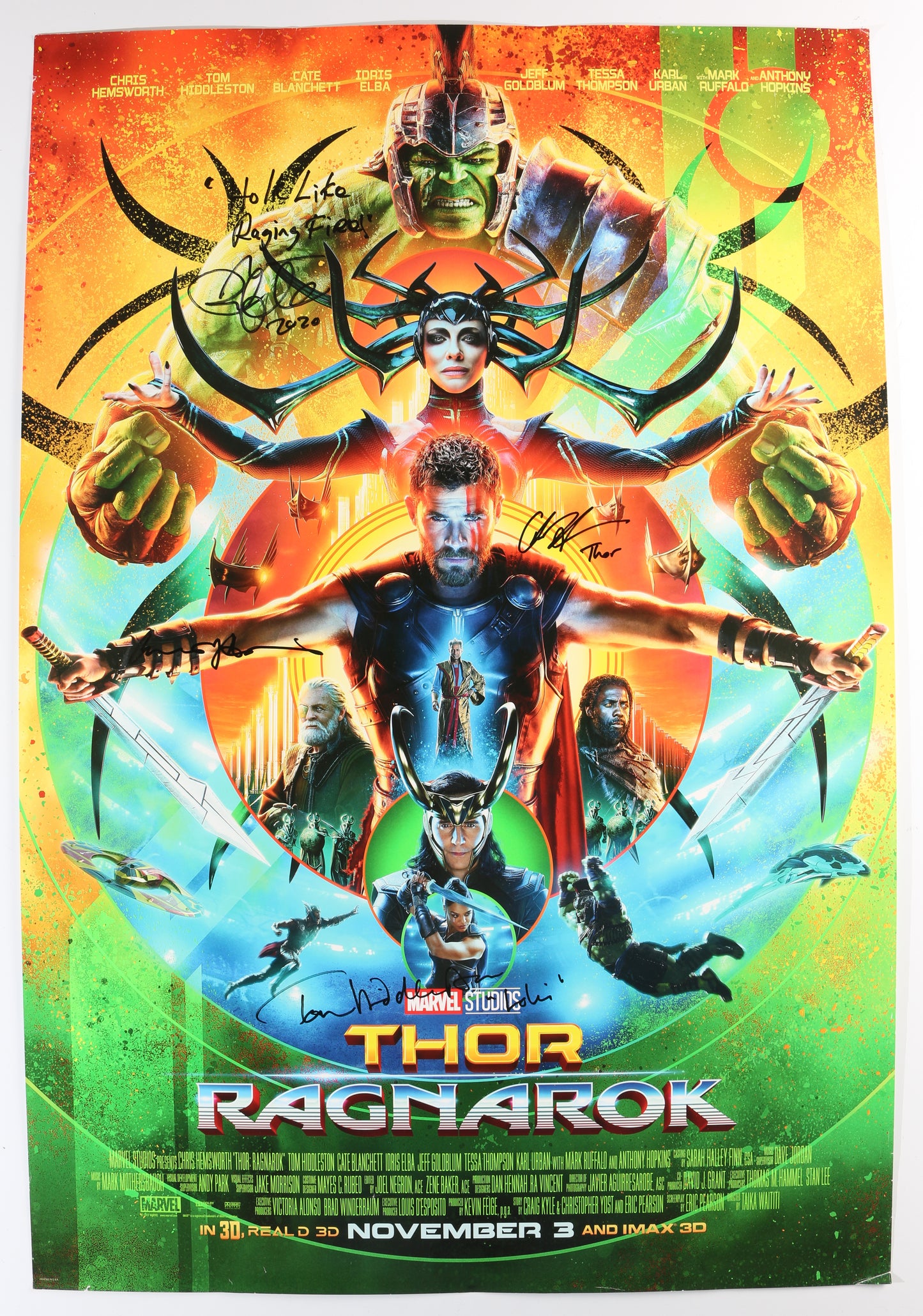 
                  
                    Thor: Ragnarok 27x40 Poster Cast Signed by Chris Hemsworth, Anthony Hopkins, Mark Ruffalo & Tom Hiddleston with Character Names & Quote
                  
                
