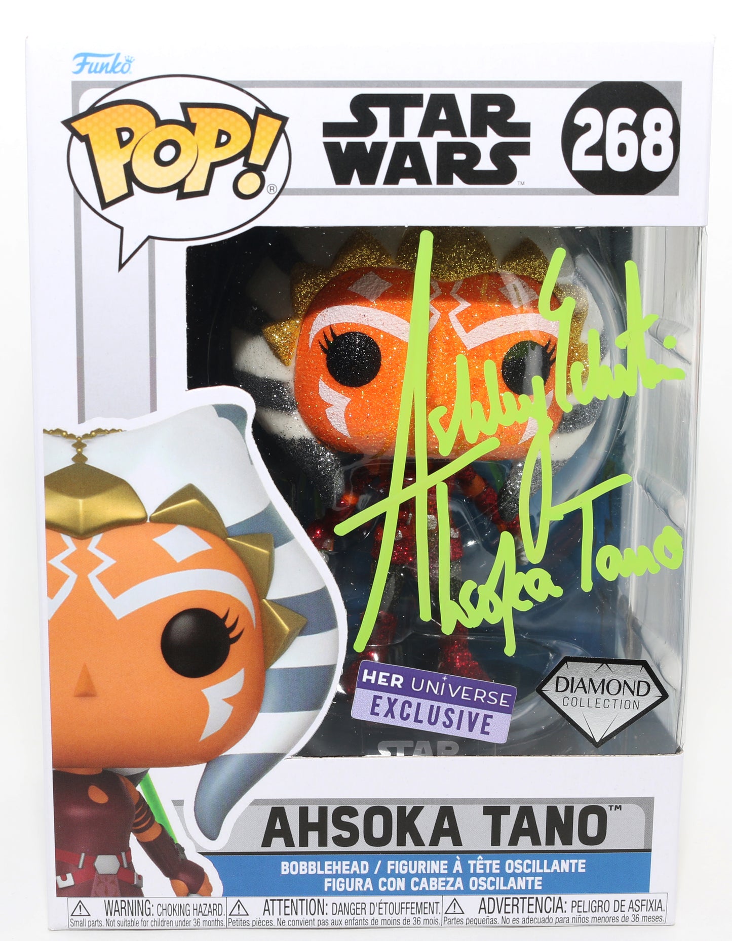 
                  
                    Ashley Eckstein as Ahsoka Tano [Green Lightsaber] in Star Wars: The Clone Wars Her Universe Diamond Exclusive (JSA) Signed Funko POP! #268 with Character Name
                  
                