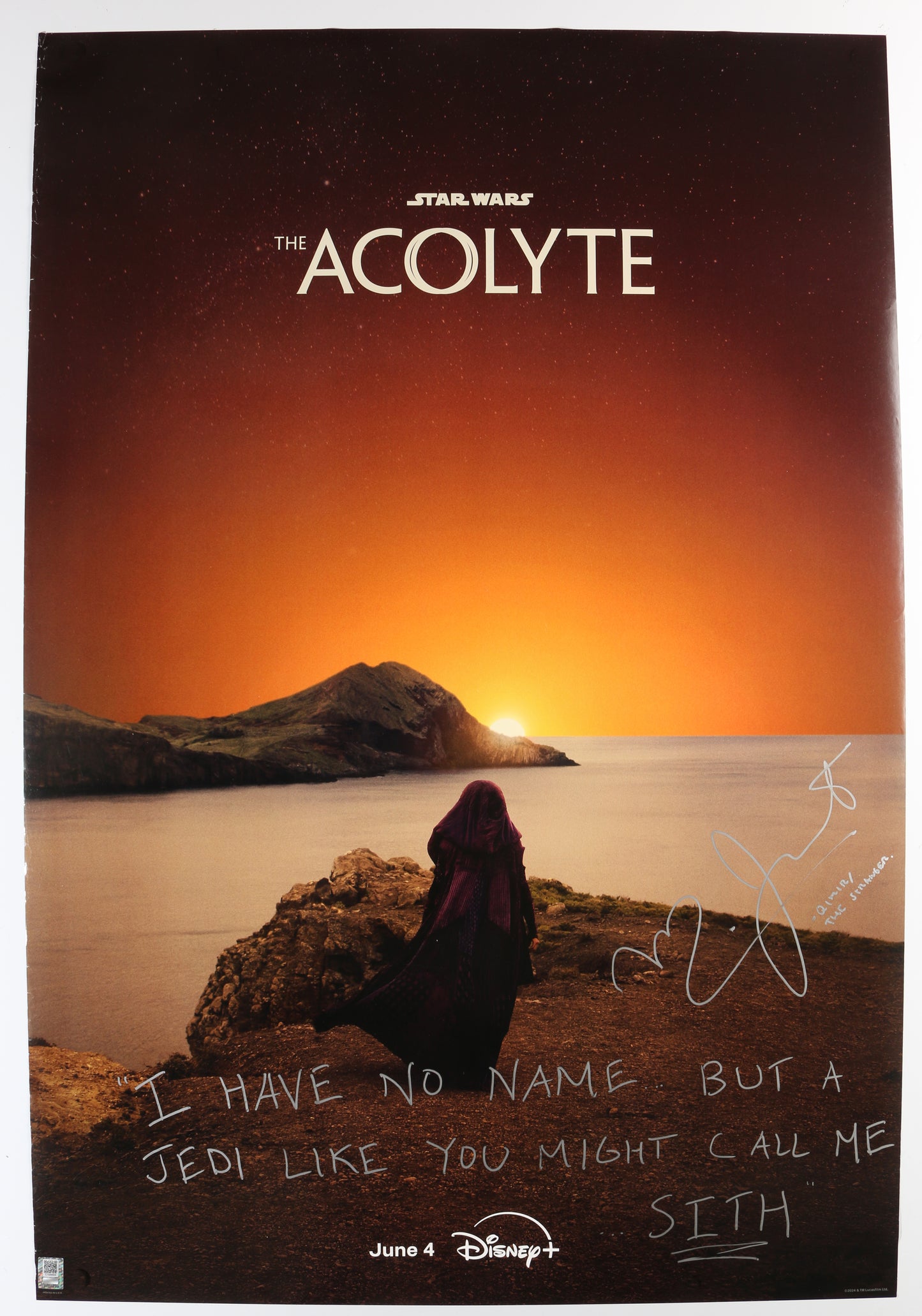 
                  
                    Manny Jacinto as The Stranger Qimir in Star Wars: The Acolyte Signed 27x40 Poster with Character Name & Quote
                  
                
