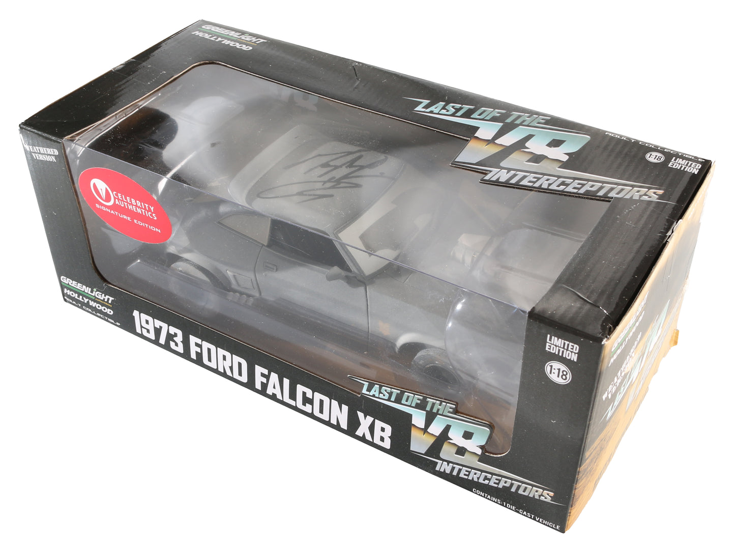 
                  
                    Mel Gibson & Tom Hardy as Max in Mad Max (Celebrity Authentics) Signed Greenlight 1:18 Scale Model 1973 Ford Falcon XB
                  
                