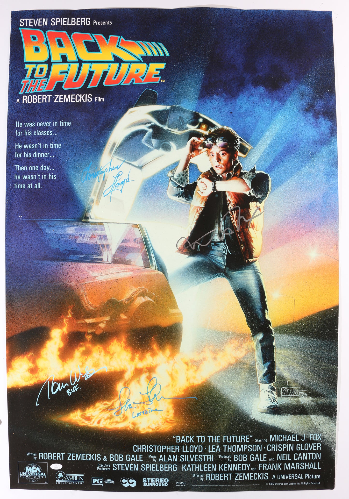 
                  
                    Back to the Future (JSA) 27x40 Poster Cast Signed by Michael J. Fox, Christopher Lloyd, Lea Thompson, & Tom Wilson with Character Names
                  
                