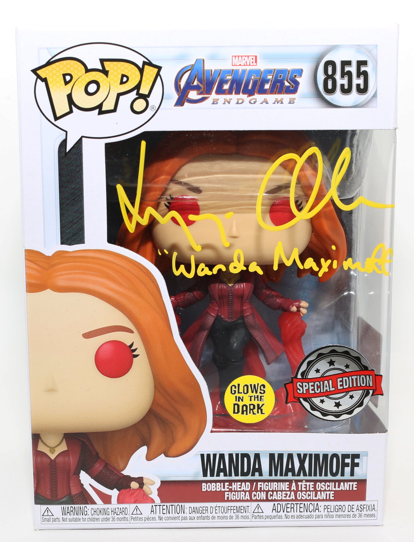 
                  
                    Elizabeth Olsen as Wanda Maximoff in Avengers: Endgame GITD Special Edition (Official Pix) Signed Funko POP! #855 with Character Name
                  
                