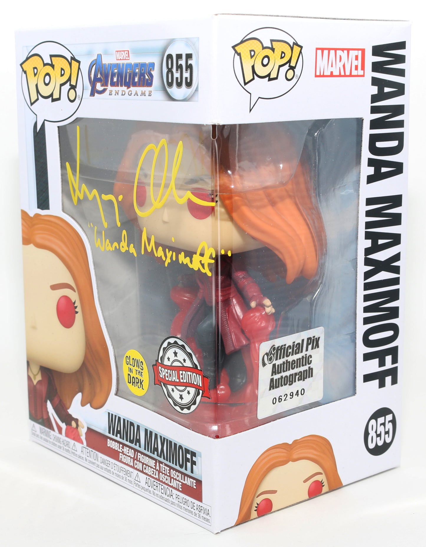 
                  
                    Elizabeth Olsen as Wanda Maximoff in Avengers: Endgame GITD Special Edition (Official Pix) Signed Funko POP! #855 with Character Name
                  
                