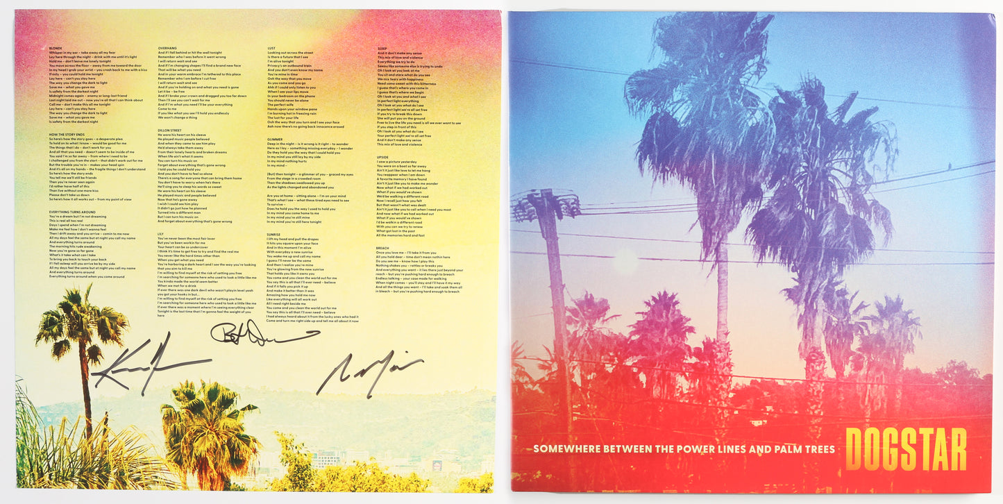 
                  
                    Dogstar: Somewhere Between the Power Lines & Palm Trees LP 12" Vinyl Record Insert Band Signed by Keanu Reeves, Robert Mailhouse, & Bret Domrose
                  
                