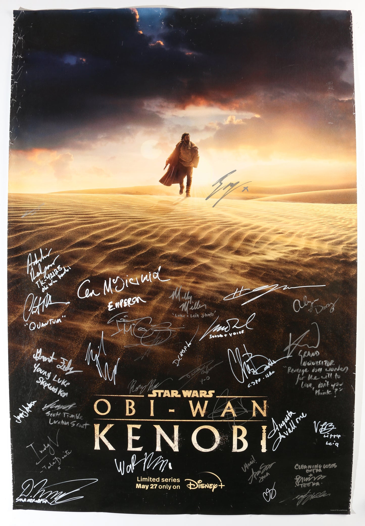 
                  
                    Star Wars: Obi-Wan Kenobi 27x40 Poster Cast Signed by Ewan McGregor, Hayden Christensen, Ian McDiarmid, Indira Varma, Vivien Lyra Blair, Rupert Friend, Kumail Nanjiani & More with Character Names
                  
                