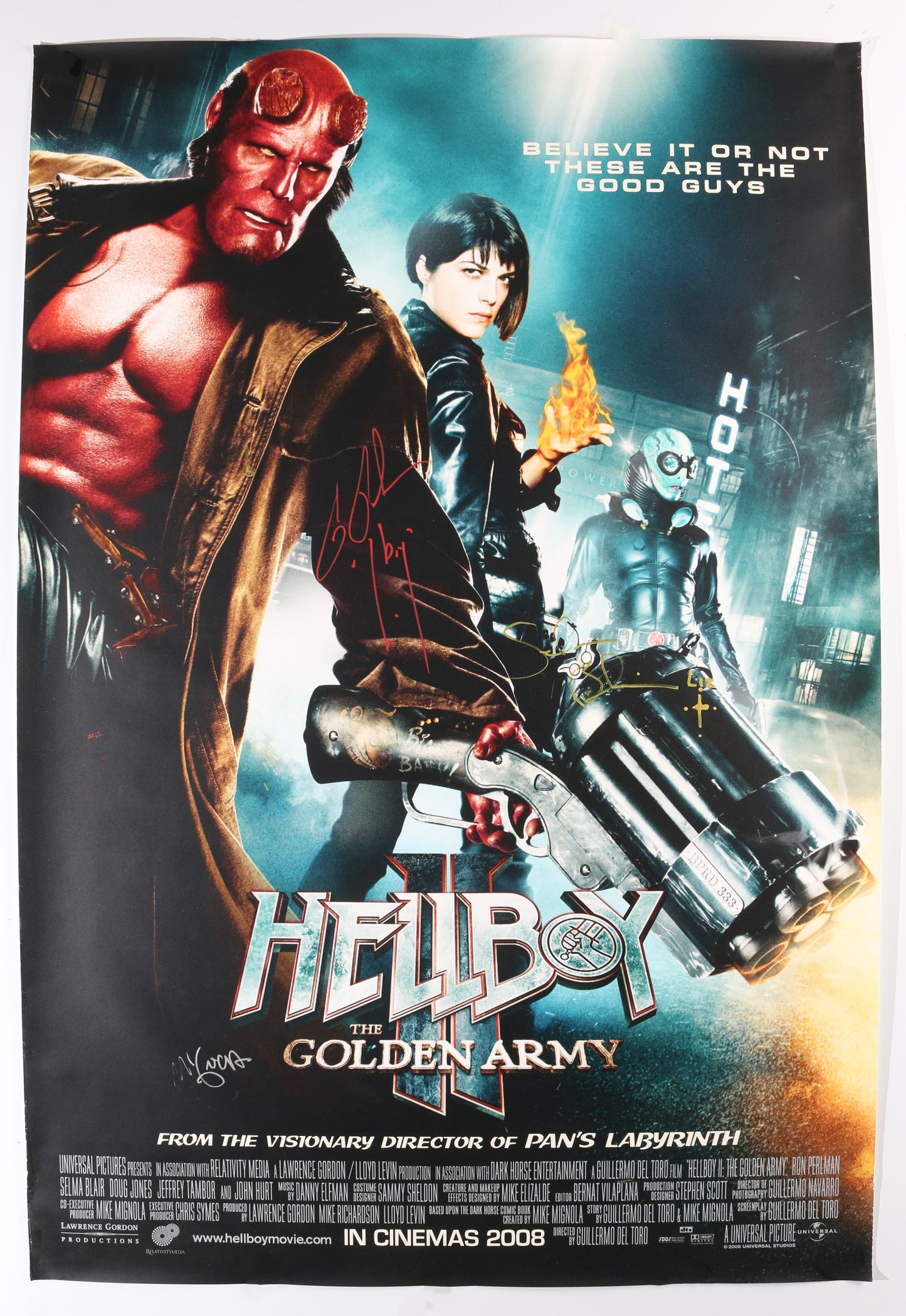 
                  
                    Ron Perlman as Hellboy, Selma Blair as Liz Sherman, & Creator: Mike Mignola in Guillermo del Toro's Hellboy II: The Golden Army Signed 27x40 Poster with Character Names
                  
                