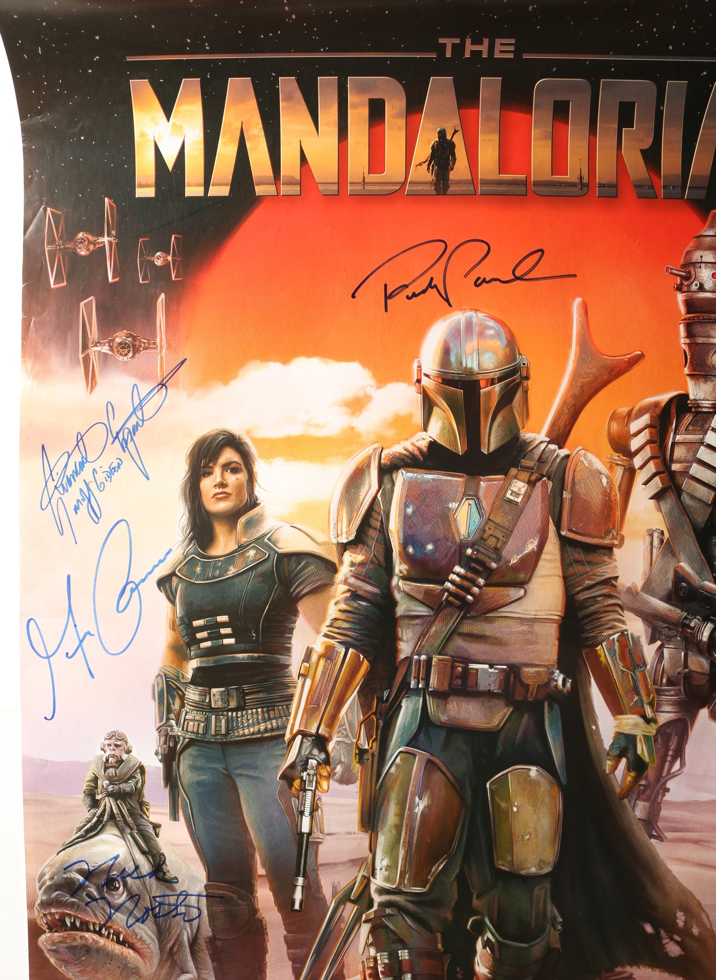 
                  
                    Star Wars: The Mandalorian 22x34 Poster (SWAU) Cast Signed by Pedro Pascal, Gina Carano, Giancarlo Esposito, & Nick Nolte *Charity Auction*
                  
                