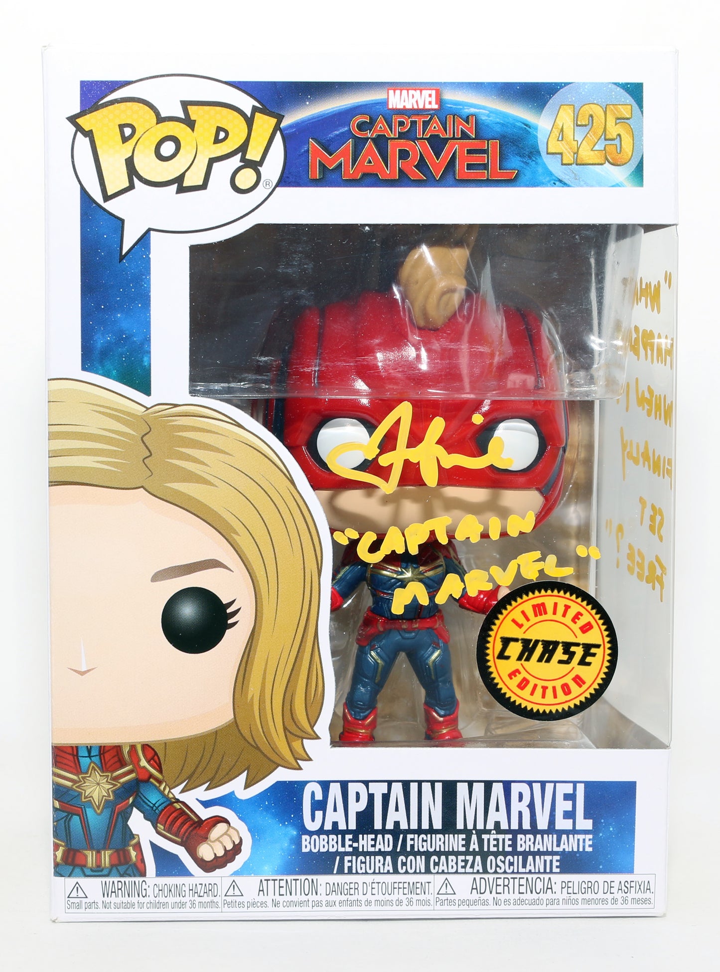 
                  
                    Brie Larson as Captain Marvel in Captain Marvel Chase Edition Signed Funko POP! #425 with Character Name & Quote
                  
                