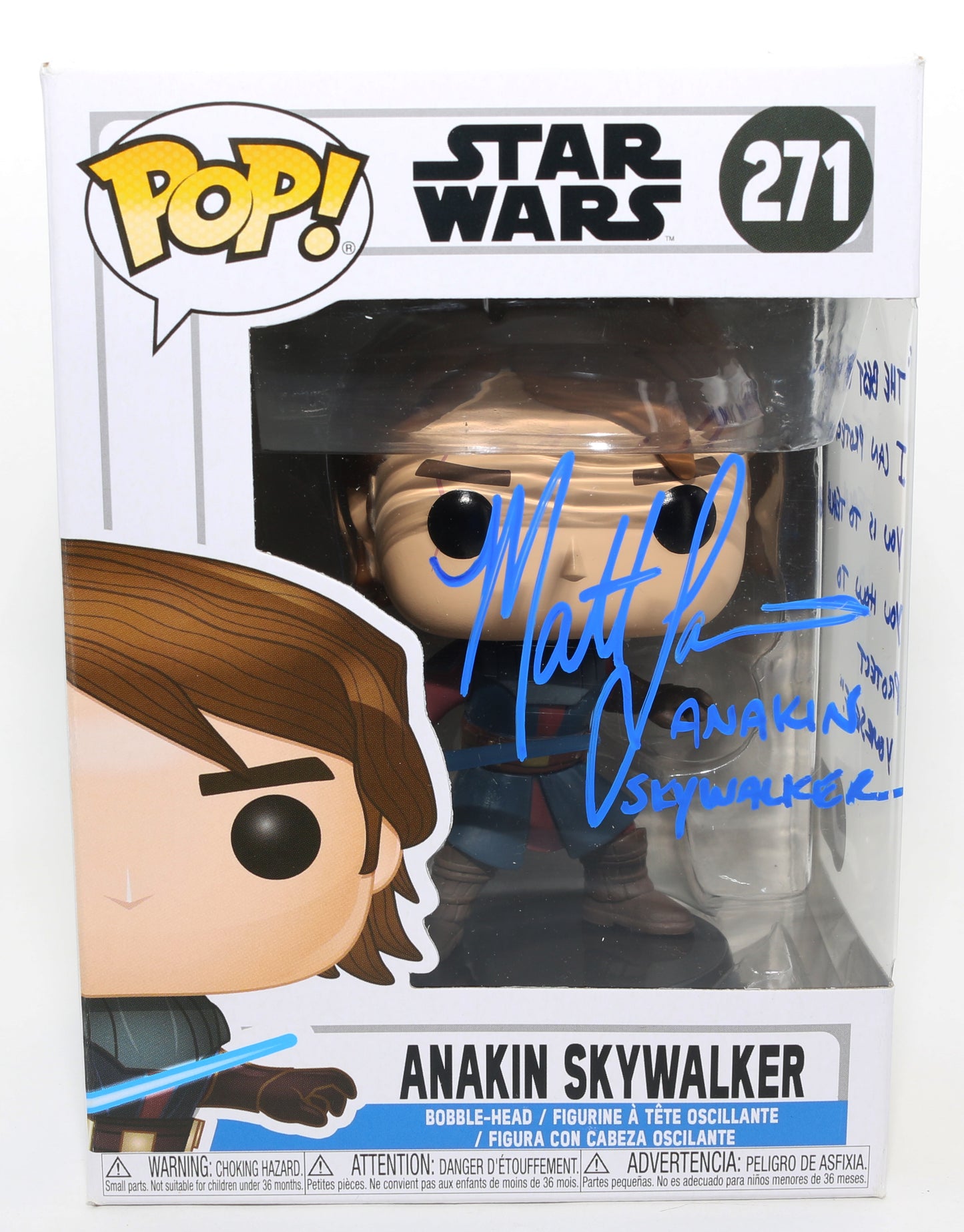 
                  
                    Matt Lanter as Anakin Skywalker in Star Wars: The Clone Wars (Beckett) Signed Funko POP! #271 with Character Name & Quote
                  
                