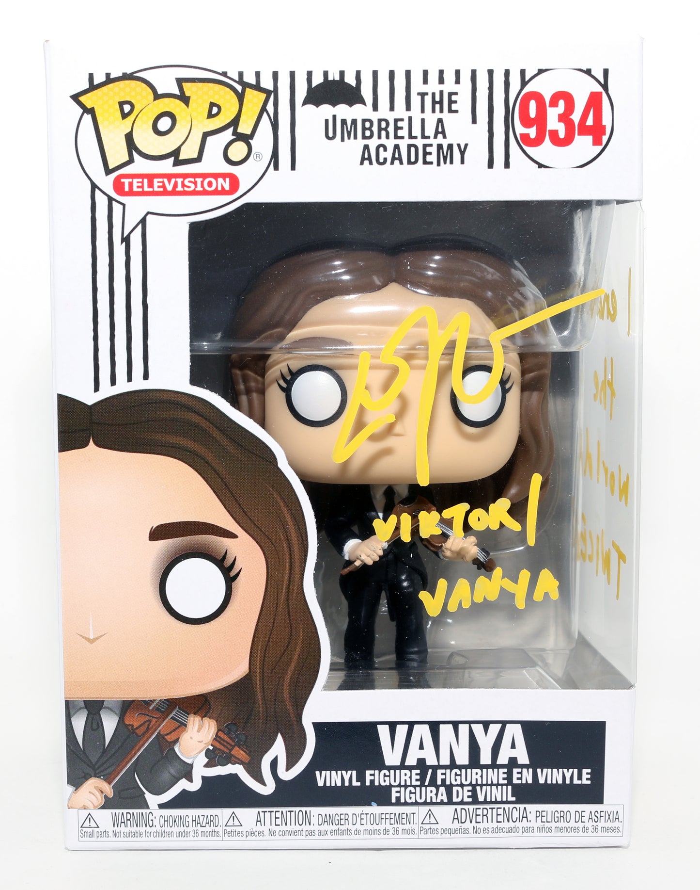 
                  
                    Elliot Page as Viktor / Vanya with Violin in The Umbrella Academy Signed Funko POP! #934 with Character Names & Quote
                  
                