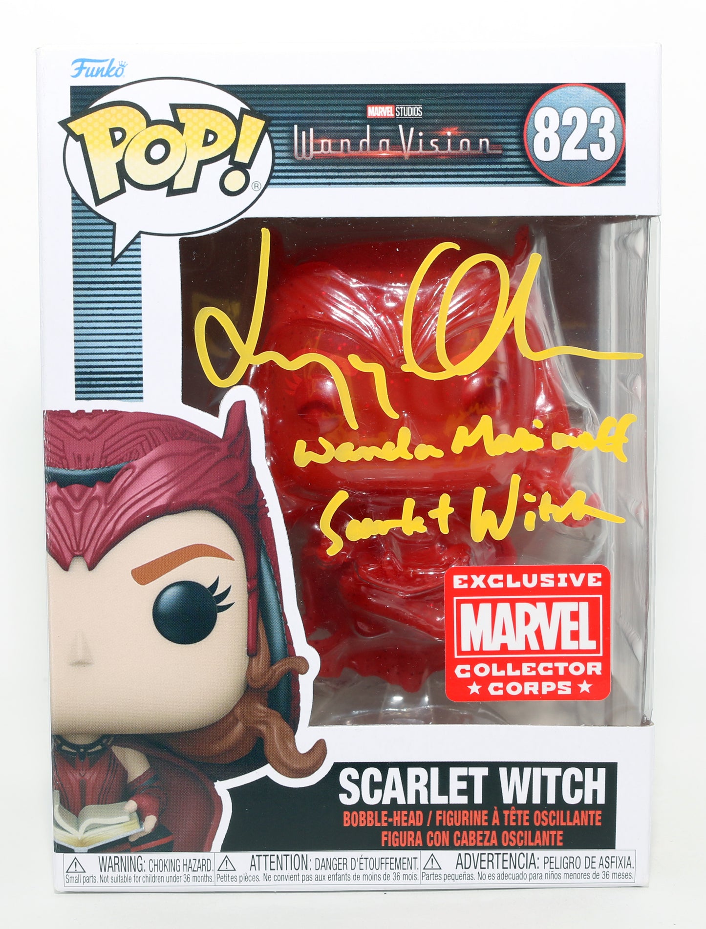 
                  
                    Elizabeth Olsen as Scarlet Witch in WandaVision Marvel Collector Corps Exclusive Signed Funko POP! #823 with Character Names
                  
                