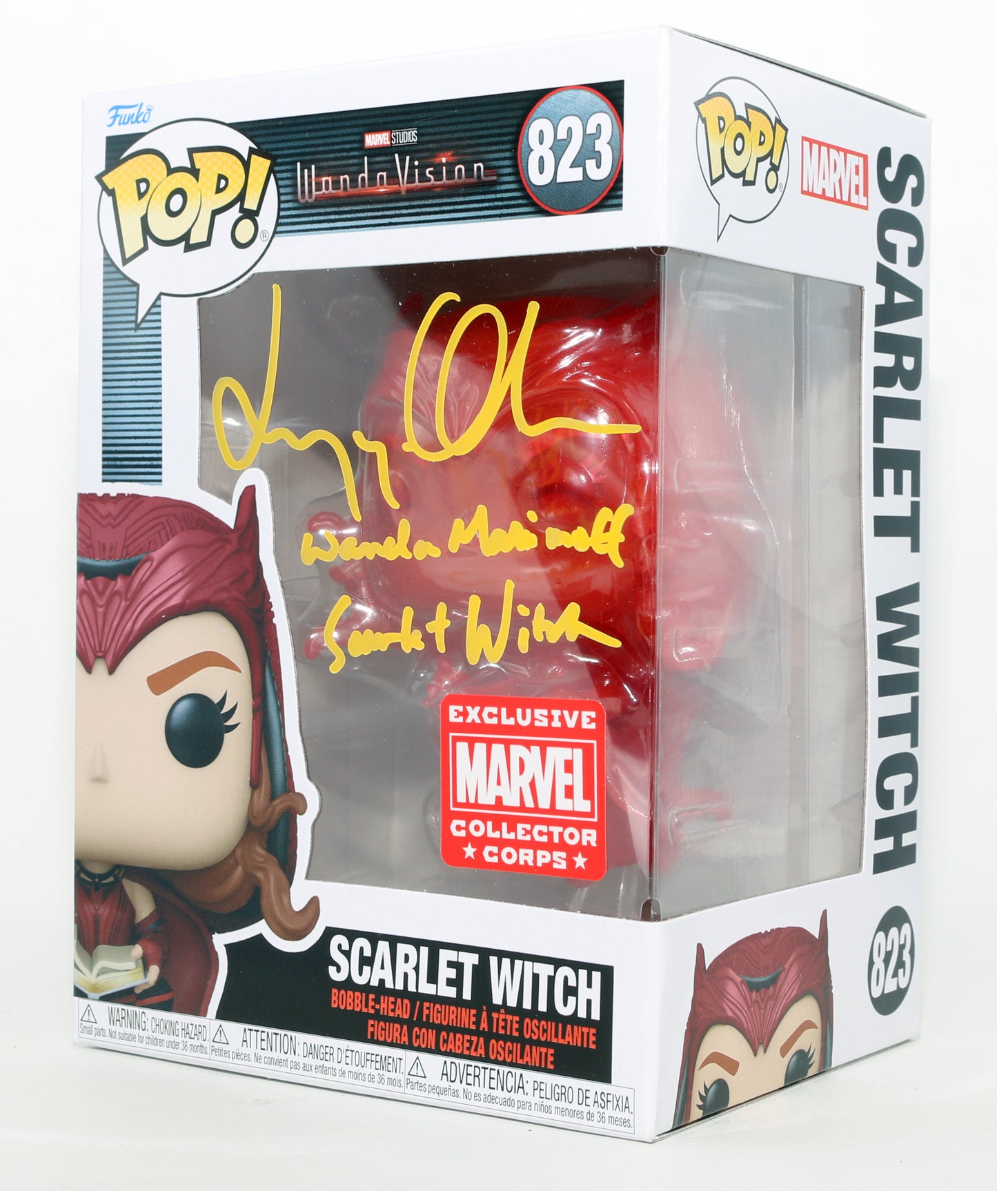 
                  
                    Elizabeth Olsen as Scarlet Witch in WandaVision Marvel Collector Corps Exclusive Signed Funko POP! #823 with Character Names
                  
                