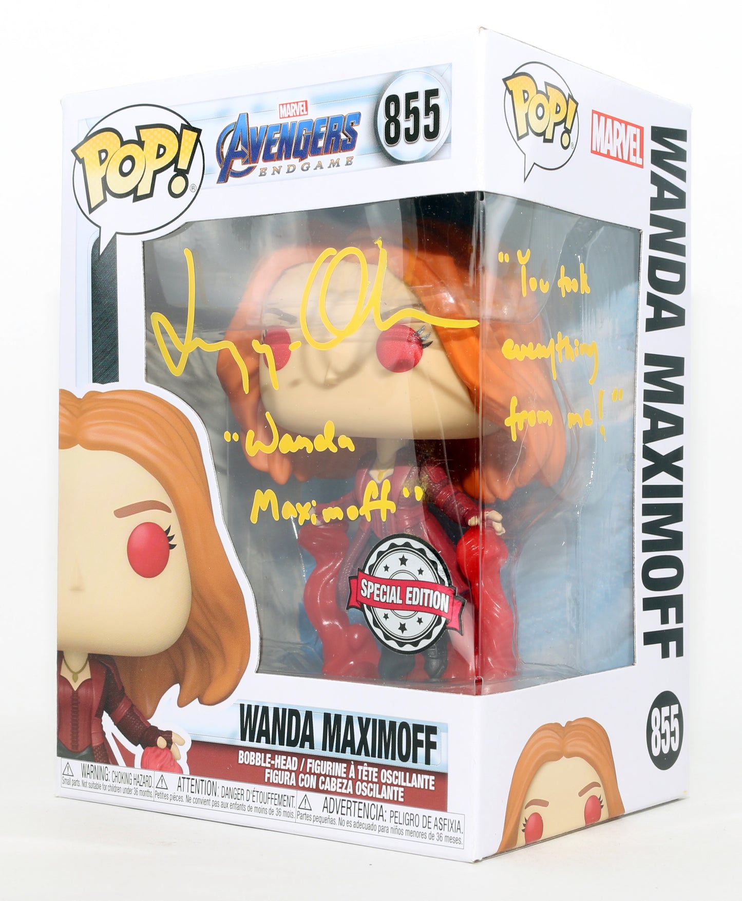 
                  
                    Elizabeth Olsen as Wanda Maximoff in Avengers: Endgame Special Edition Signed Funko POP! #855 with Character Name & Quote
                  
                