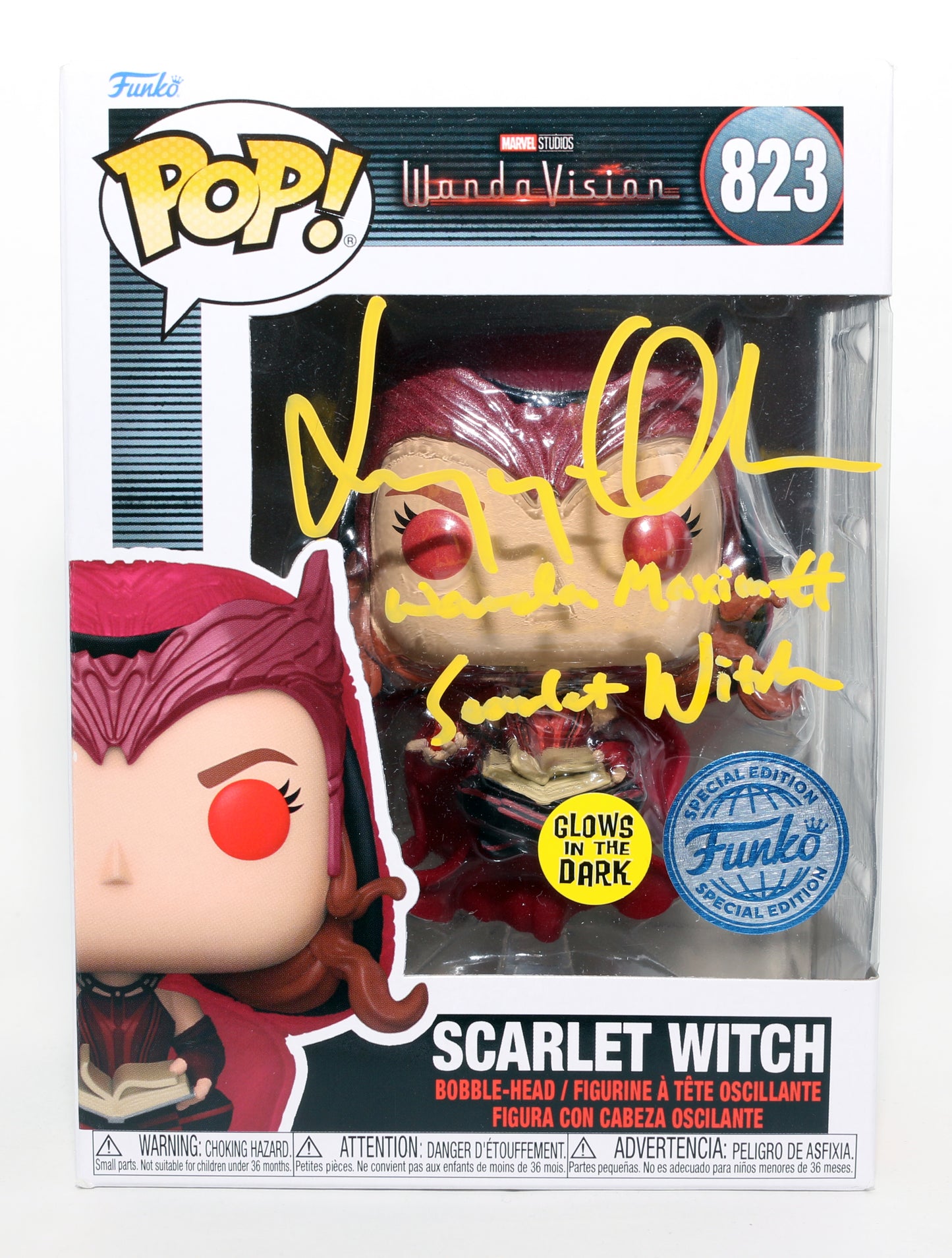 
                  
                    Elizabeth Olsen as Scarlet Witch in WandaVision GITD Special Edition Signed Funko POP! #823 with Character Names
                  
                