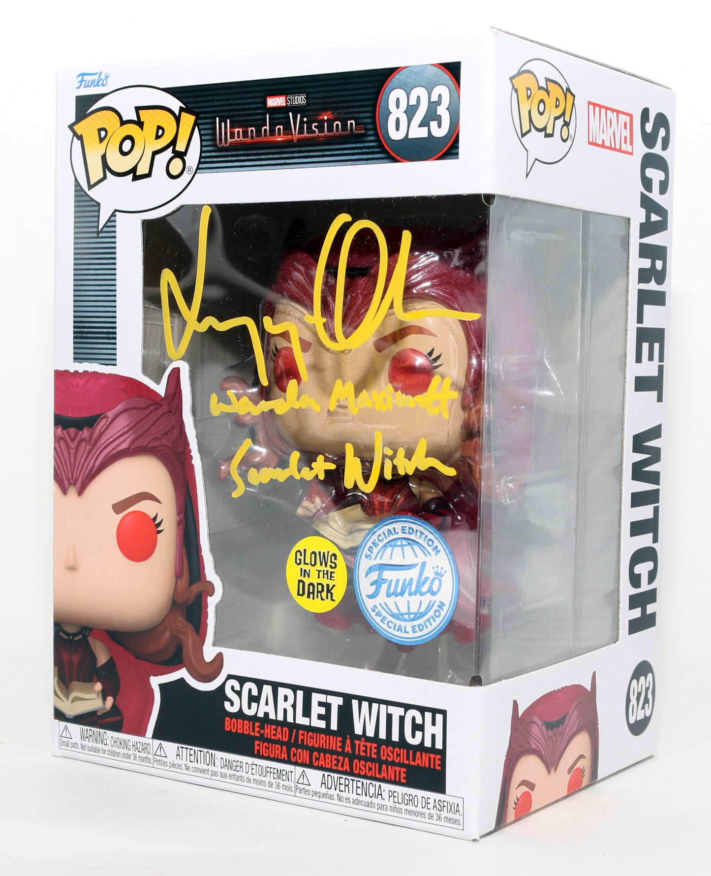 
                  
                    Elizabeth Olsen as Scarlet Witch in WandaVision GITD Special Edition Signed Funko POP! #823 with Character Names
                  
                
