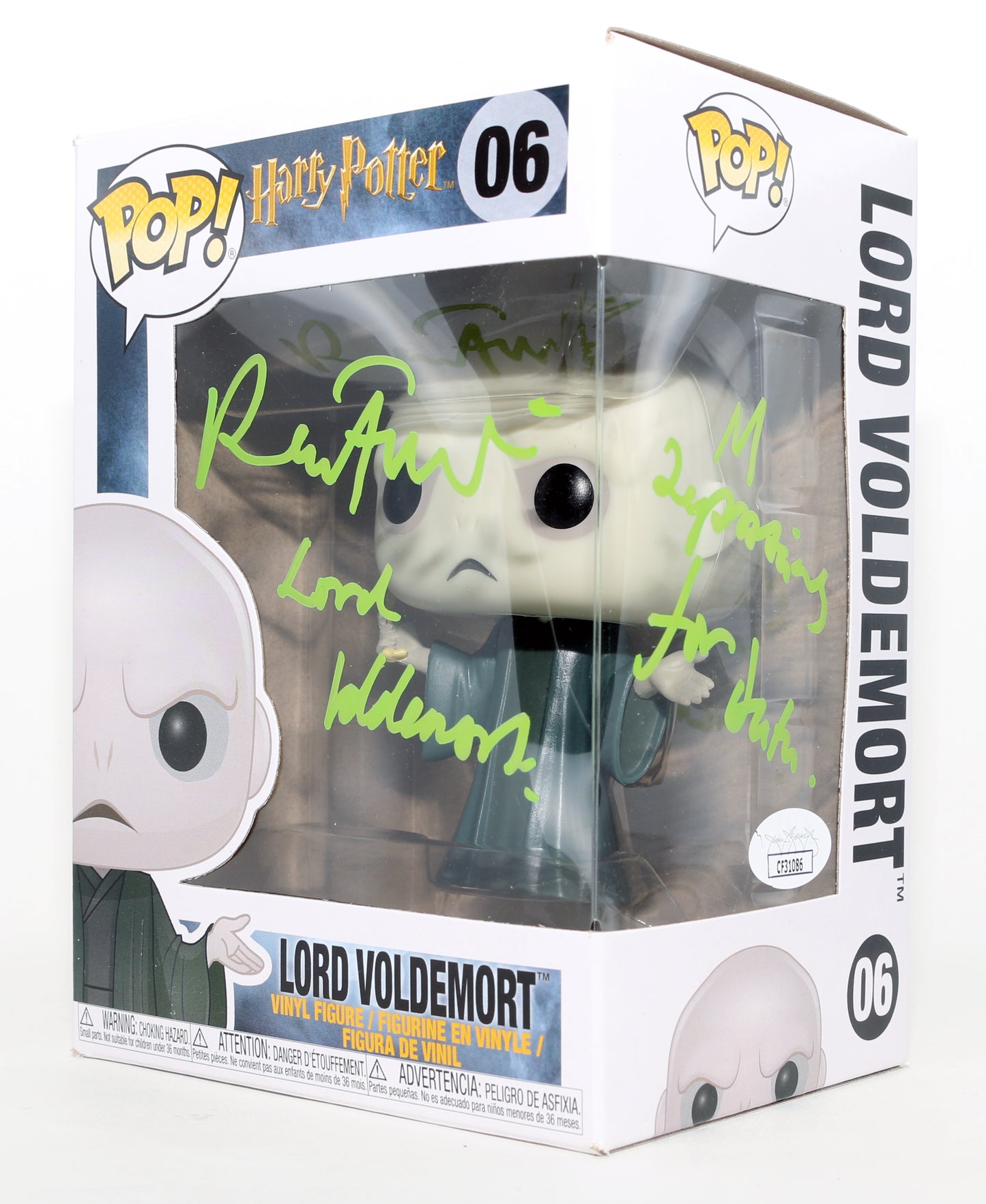 
                  
                    Ralph Fiennes as Lord Voldemort in Harry Potter (JSA) Signed Funko POP! #06 with Character Name & Quote
                  
                
