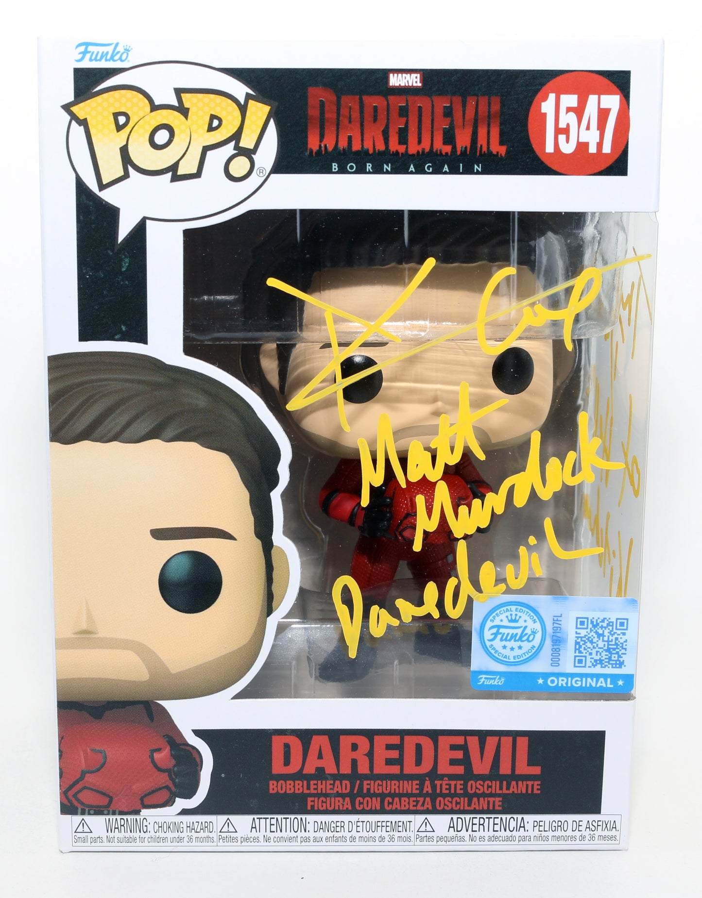 
                  
                    Charlie Cox as Daredevil in Daredevil: Born Again Special Edition Signed Funko POP! #1547 with Character Names & Quote
                  
                