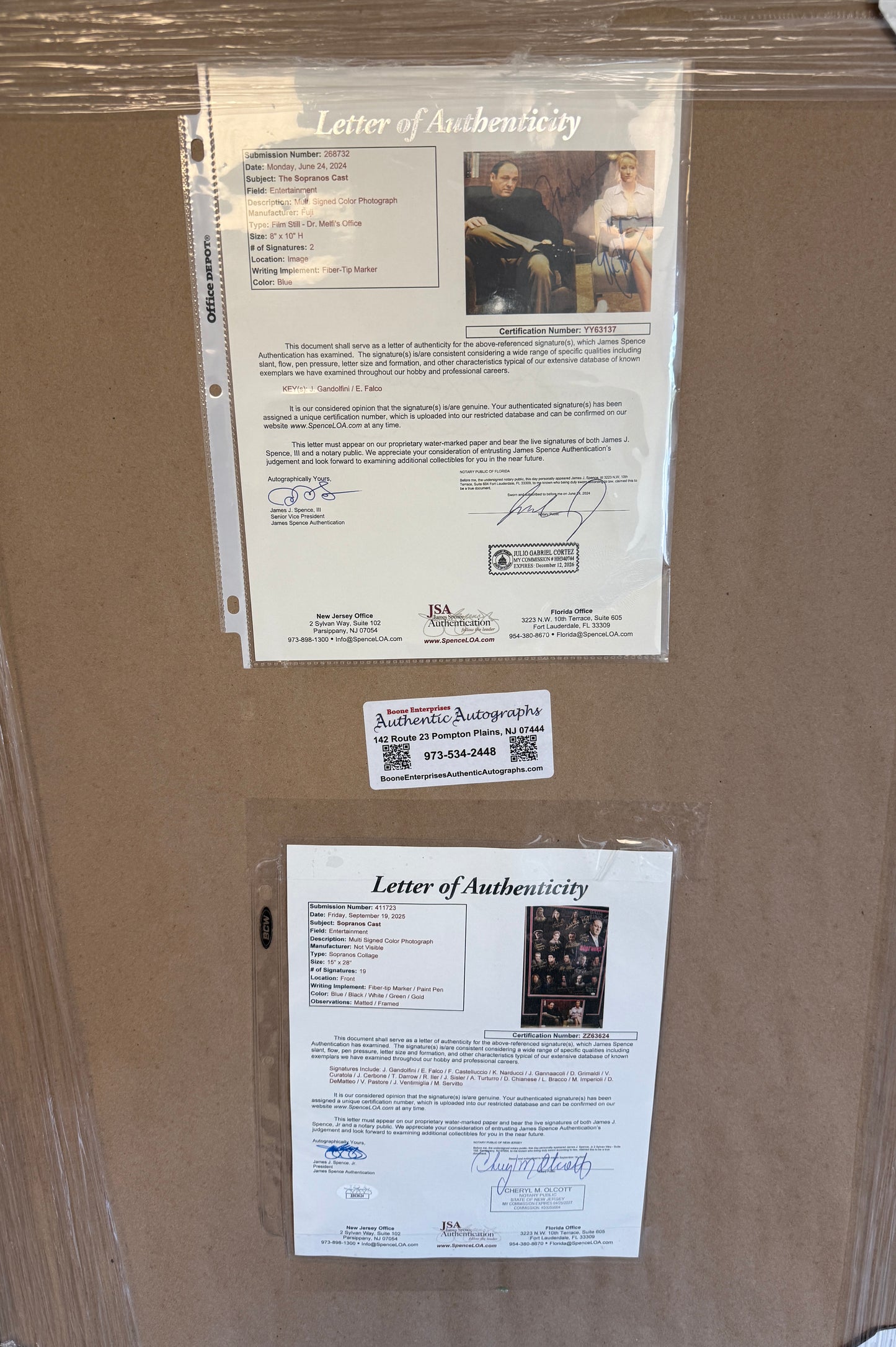 
                  
                    The Sopranos Framed Display Cast Signed by James Gandolfini, Edie Falco, Lorraine Bracco, Michael Imperioli, Jamie-Lynn Sigler, Robert Iler, Vincent Pastore, Drea de Matteo, Federico Castelluccio, Kathrine Narducci, Joseph R. Gannascoli, & More
                  
                