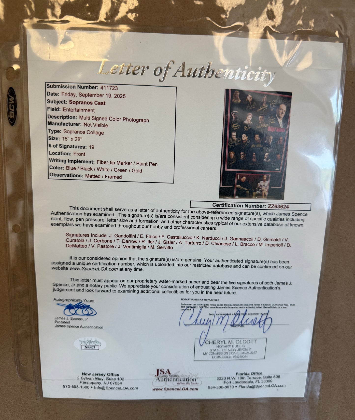 
                  
                    The Sopranos Framed Display Cast Signed by James Gandolfini, Edie Falco, Lorraine Bracco, Michael Imperioli, Jamie-Lynn Sigler, Robert Iler, Vincent Pastore, Drea de Matteo, Federico Castelluccio, Kathrine Narducci, Joseph R. Gannascoli, & More
                  
                