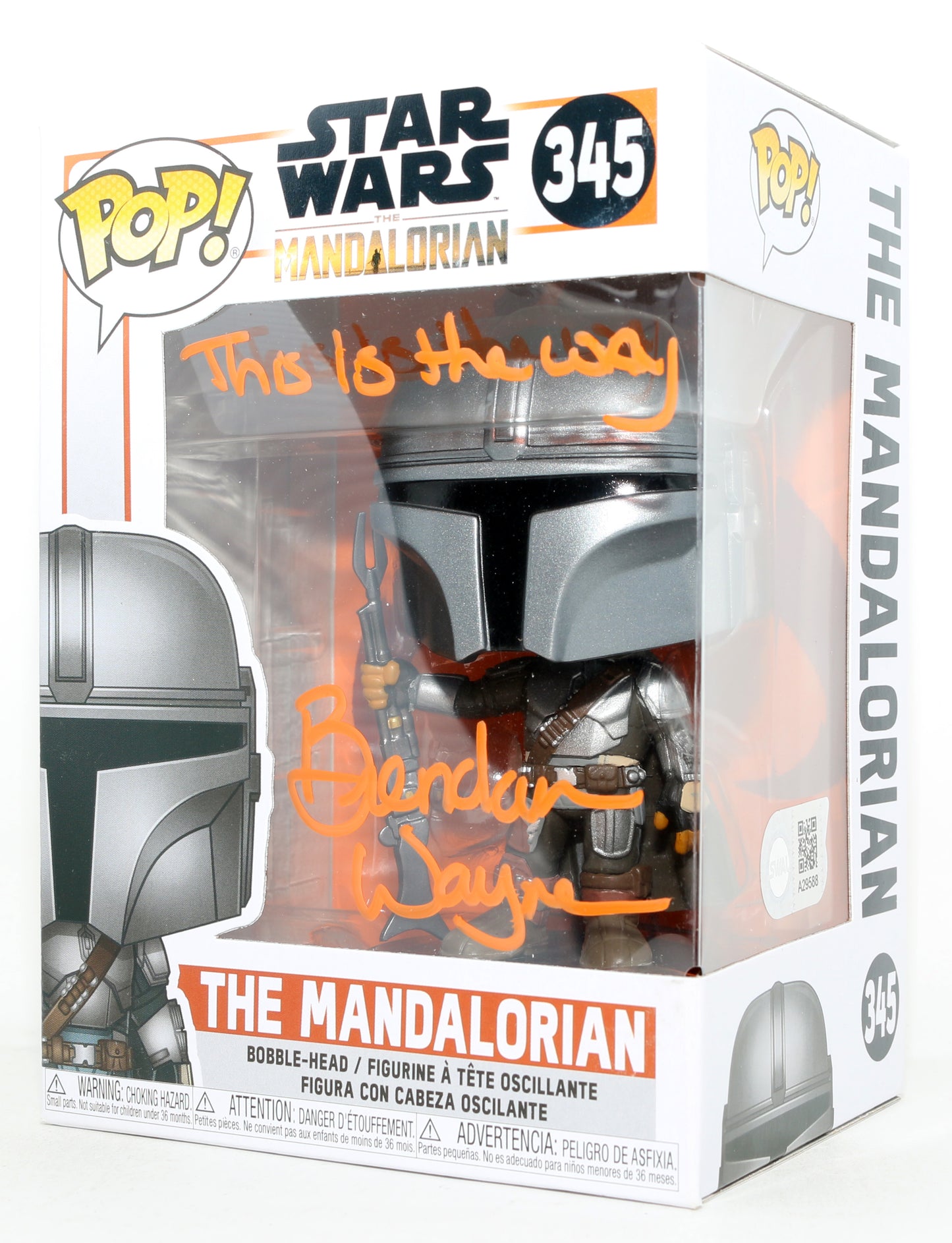 
                  
                    Brendan Wayne as The Mandalorian in Star Wars: The Mandalorian (SWAU) Signed Funko POP! #345 with Quote
                  
                
