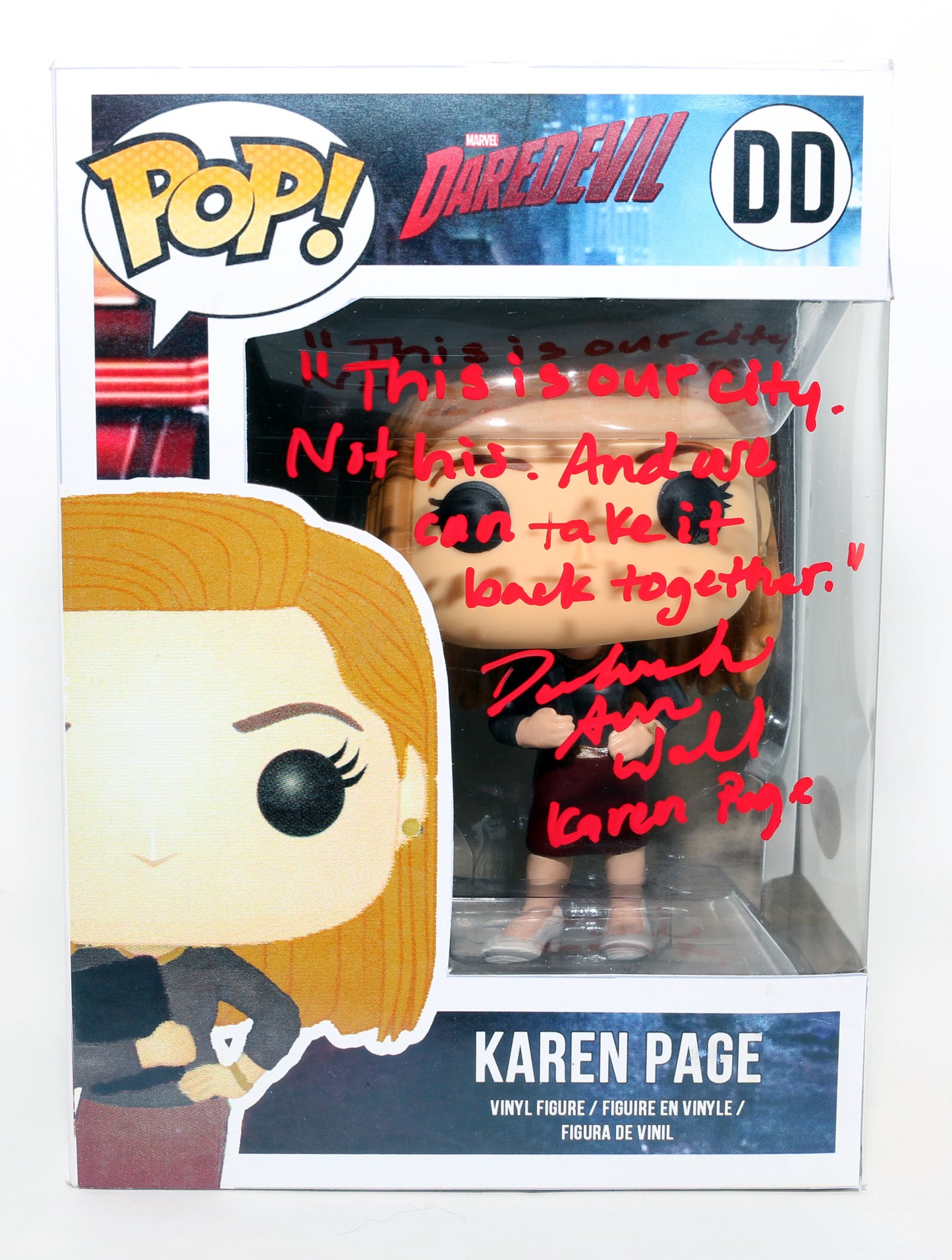 
                  
                    Deborah Ann Woll as Karen Page in Daredevil (JSA) Signed Spastic Customs Funko POP! #DD with Character Name & Quote
                  
                