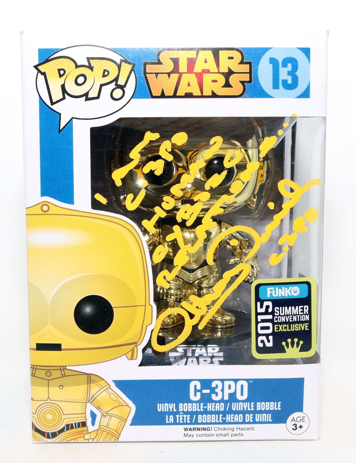 
                  
                    Anthony Daniels as C-3PO in Star Wars 2015 Funko Summer Convention Exclusive (Official Pix) Signed Funko POP! #13 with Character Name & Quote
                  
                