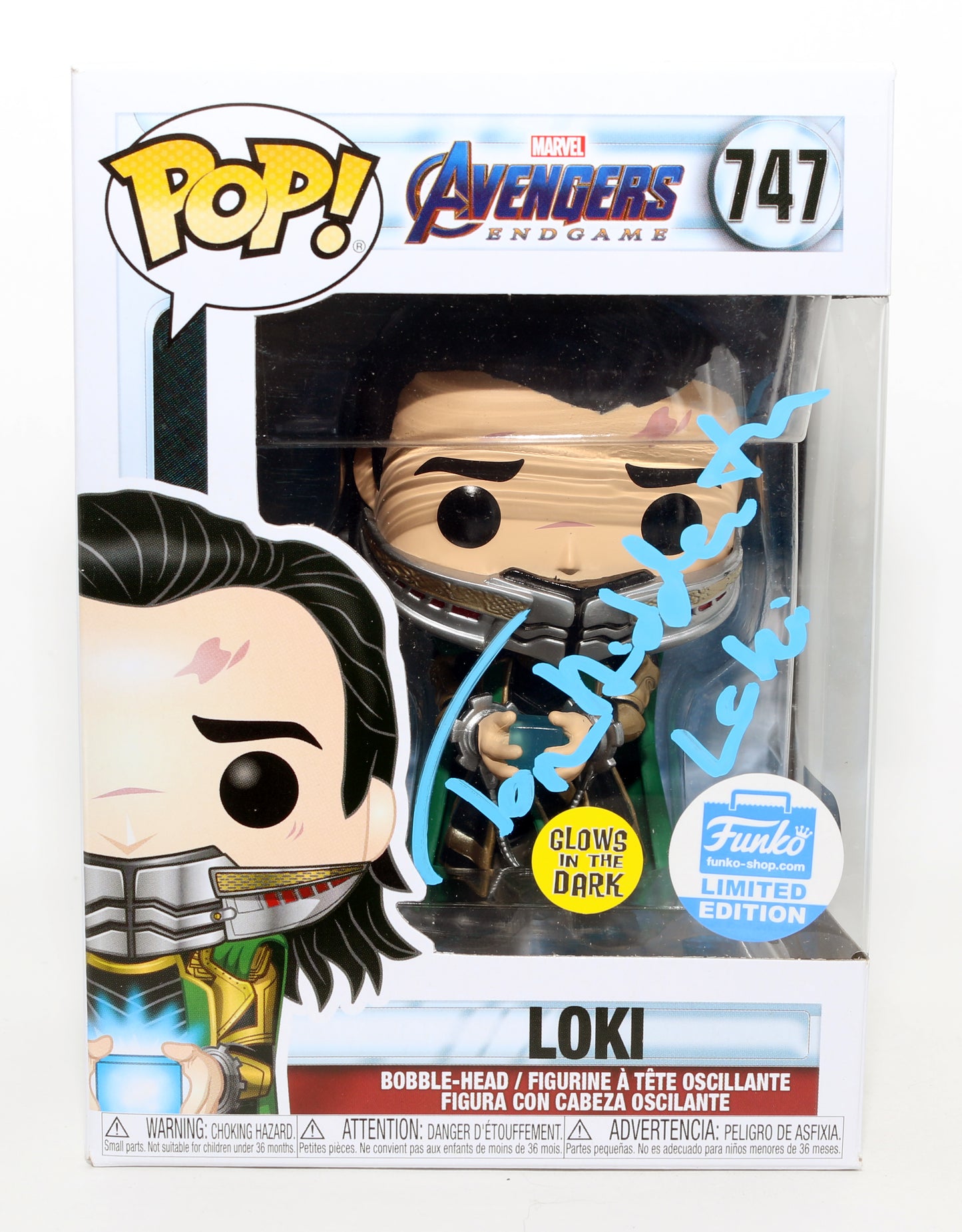 
                  
                    Tom Hiddleston as Loki in Avengers: Endgame GITD Funko Store Limited Edition (SWAU) Signed Funko POP! #747 with Character Name
                  
                