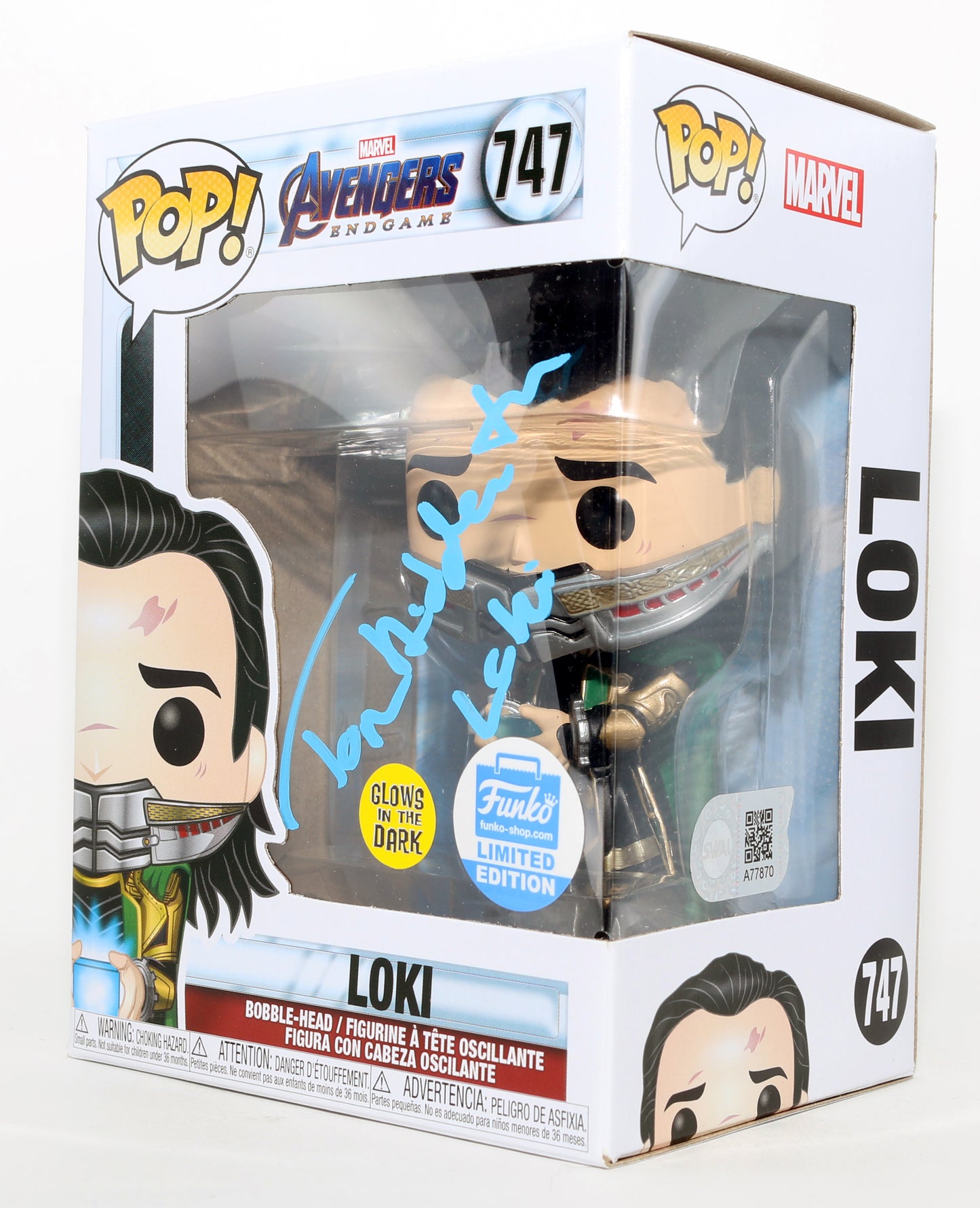 
                  
                    Tom Hiddleston as Loki in Avengers: Endgame GITD Funko Store Limited Edition (SWAU) Signed Funko POP! #747 with Character Name
                  
                