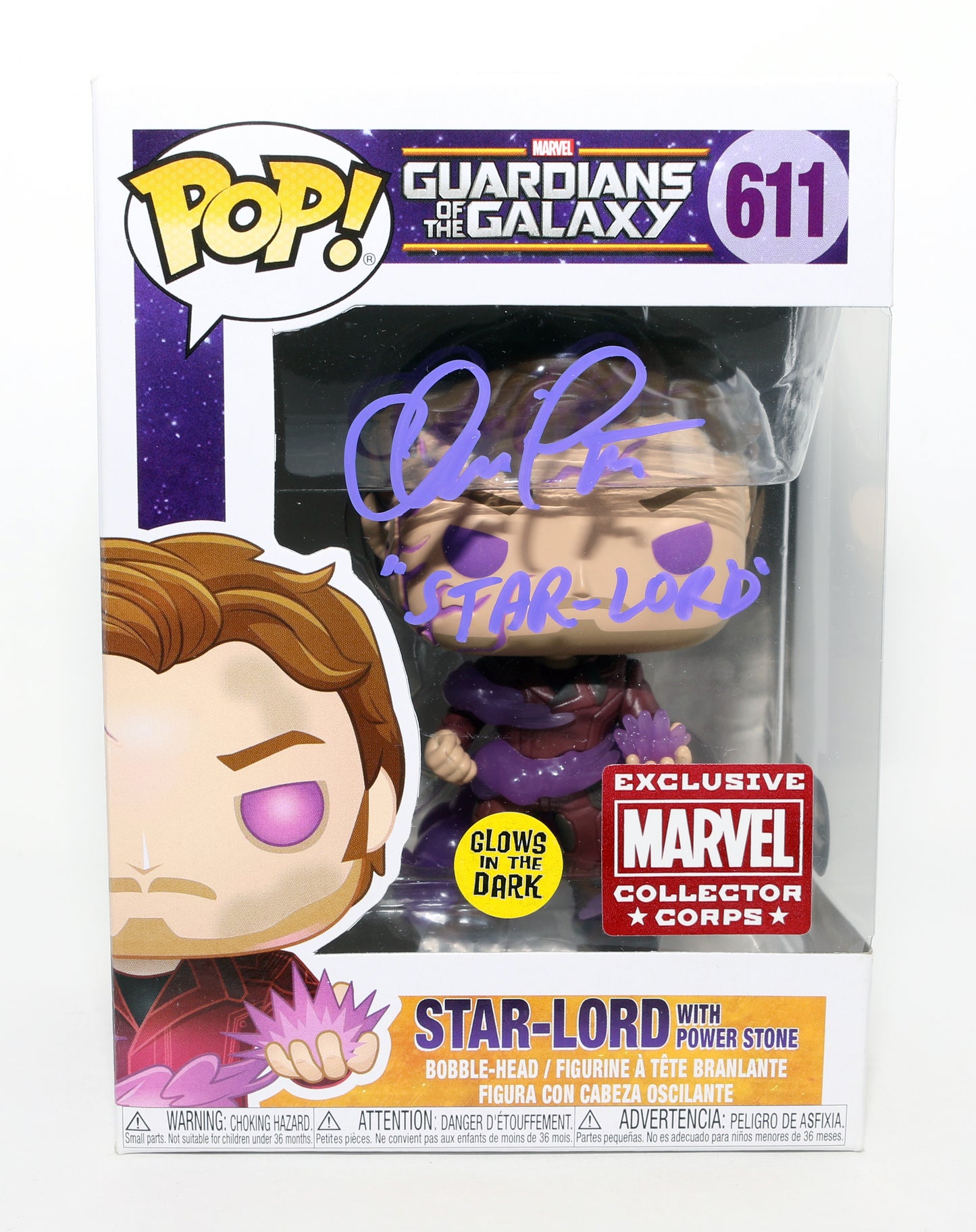 
                  
                    Chris Pratt as Peter Quill / Star-Lord in Guardians of the Galaxy GITD Marvel Collector Corps Exclusive (SWAU) Signed Funko POP! #611 with Character Name
                  
                