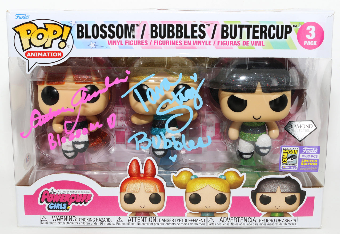 
                  
                    Cathy Cavadini as Blossom & Tara Strong as Bubbles in The Powerpuff Girls Diamond Collection SDCC 2023 Limited to 1000 Pieces (PSA) Signed Funko POP! 3 Pack with Character Names
                  
                