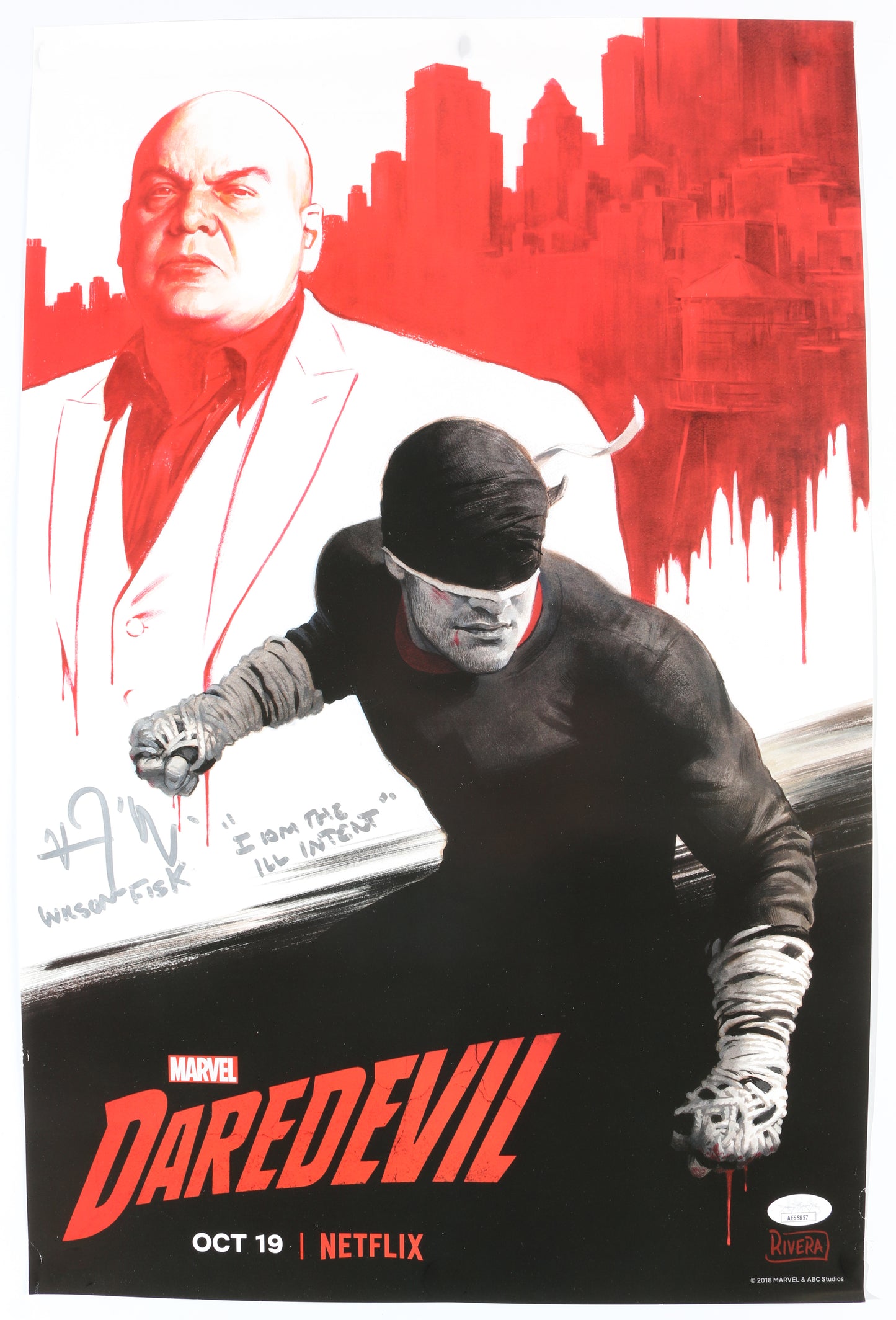 
                  
                    Vincent D'Onofrio as Wilson Fisk / Kingpin in Daredevil (JSA) Signed 13x20 Mini Poster with Character Name & Quote
                  
                