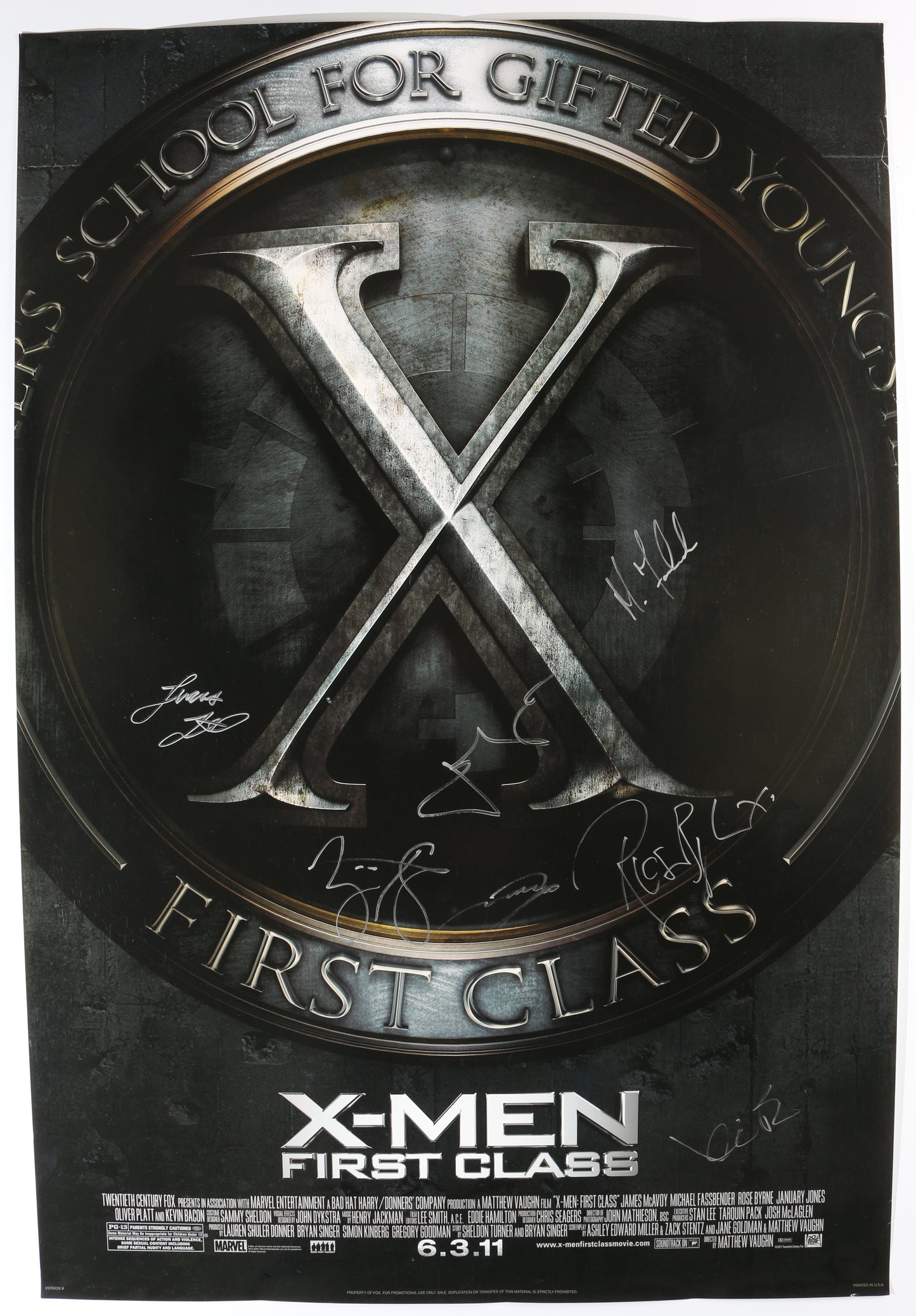 
                  
                    X-Men: First Class 27x40 Poster Cast Signed by James Mcavoy, Michael Fassbender, Kevin Bacon, Lucas Till, Zoe Kravitz, Rose Byrne, & January Jones
                  
                