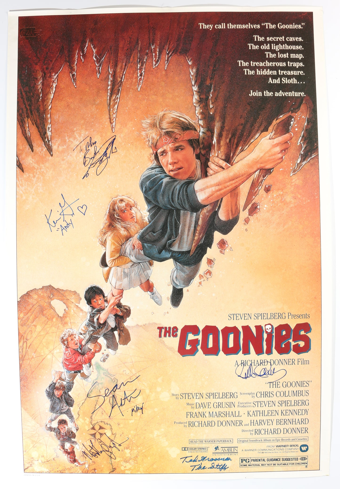 
                  
                    The Goonies 27x40 Poster Cast Signed by Sean Astin, Josh Brolin, Martha Plimpton, Kerri Green, Ted Grossman, & Director: Richard Donner
                  
                
