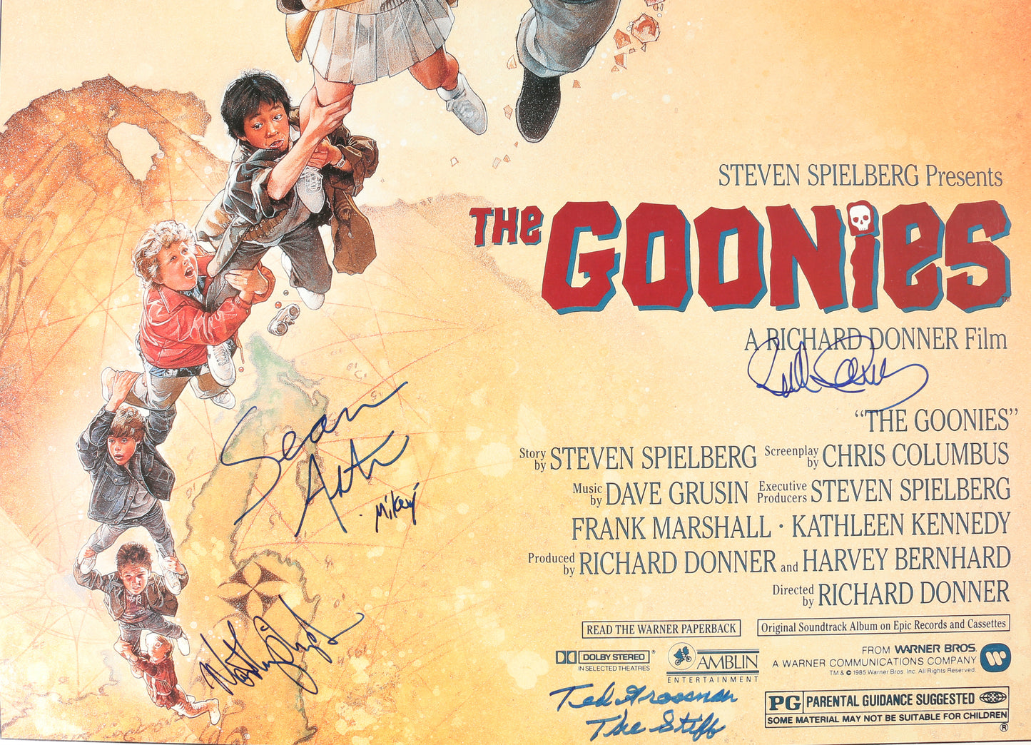 
                  
                    The Goonies 27x40 Poster Cast Signed by Sean Astin, Josh Brolin, Martha Plimpton, Kerri Green, Ted Grossman, & Director: Richard Donner
                  
                