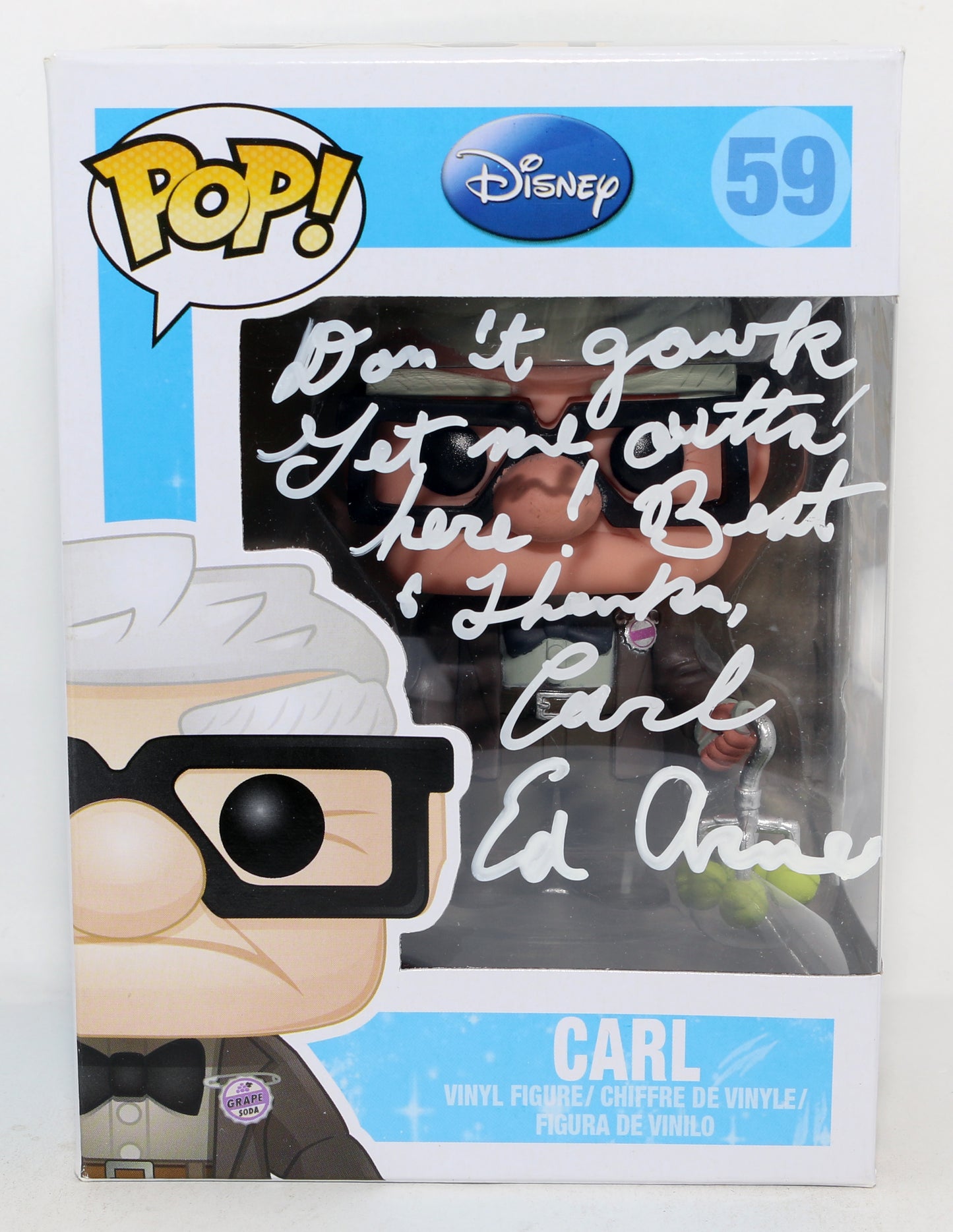
                  
                    Ed Asner as Carl Fredricksen in Disney Pixar's Up Signed Funko POP! #59 with Character Name & Quotes
                  
                