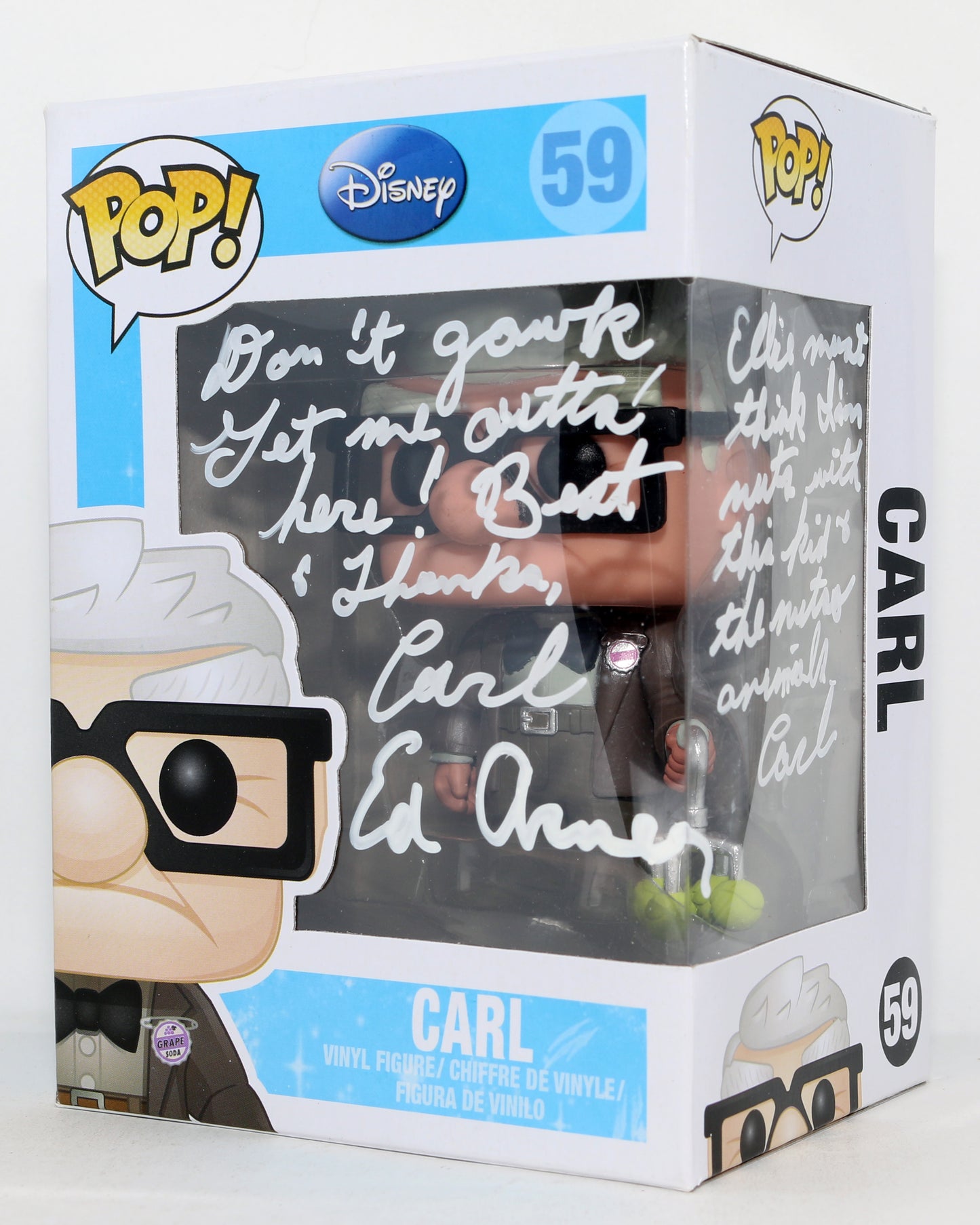 
                  
                    Ed Asner as Carl Fredricksen in Disney Pixar's Up Signed Funko POP! #59 with Character Name & Quotes
                  
                