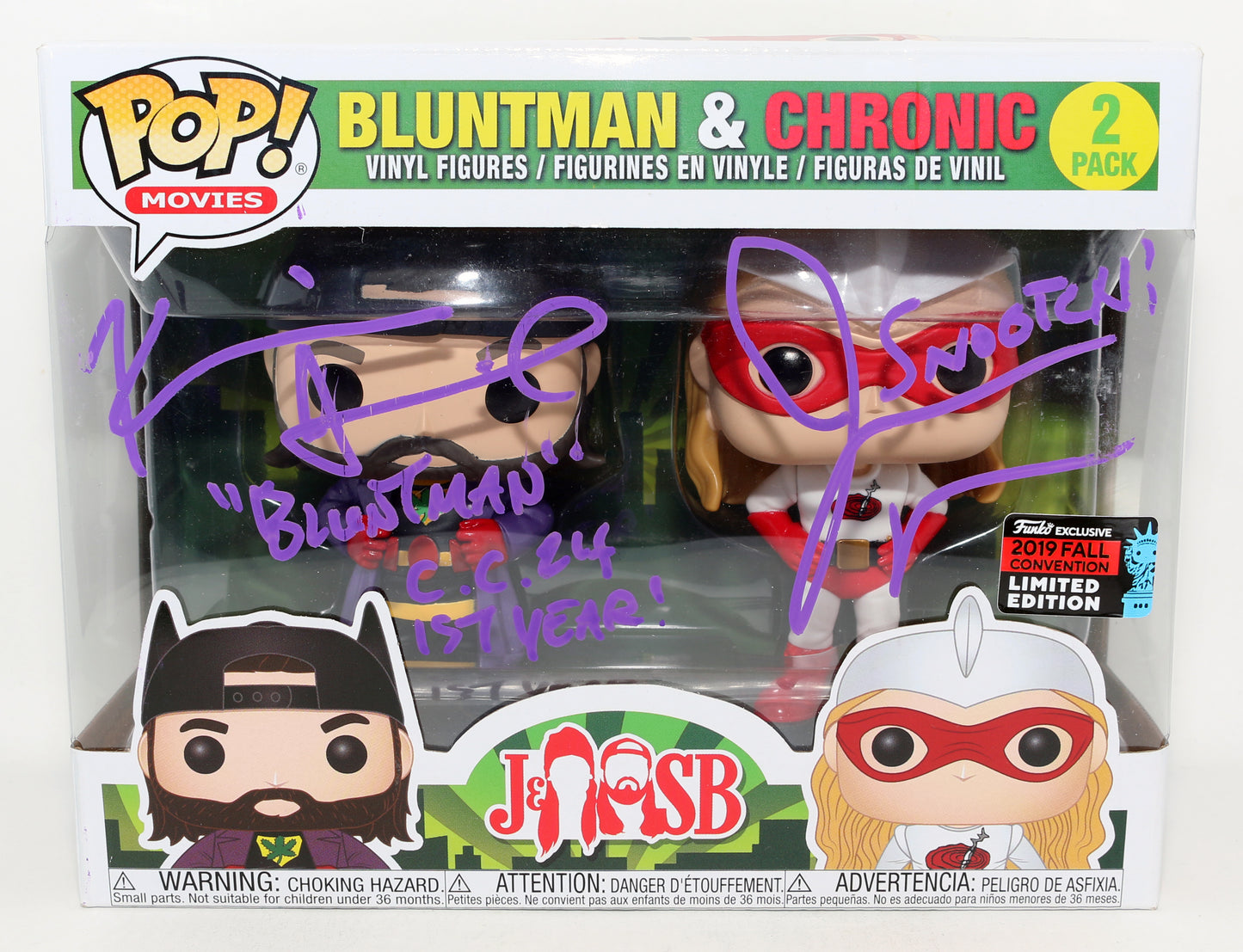 
                  
                    Jason Mewes as Jay / Chronic & Kevin Smith as Silent Bob / Bluntman in Jay and Silent Bob Strike Back 2019 Fall Convention LE Signed Funko POP! 2-Pack with Character Name & Quotes
                  
                