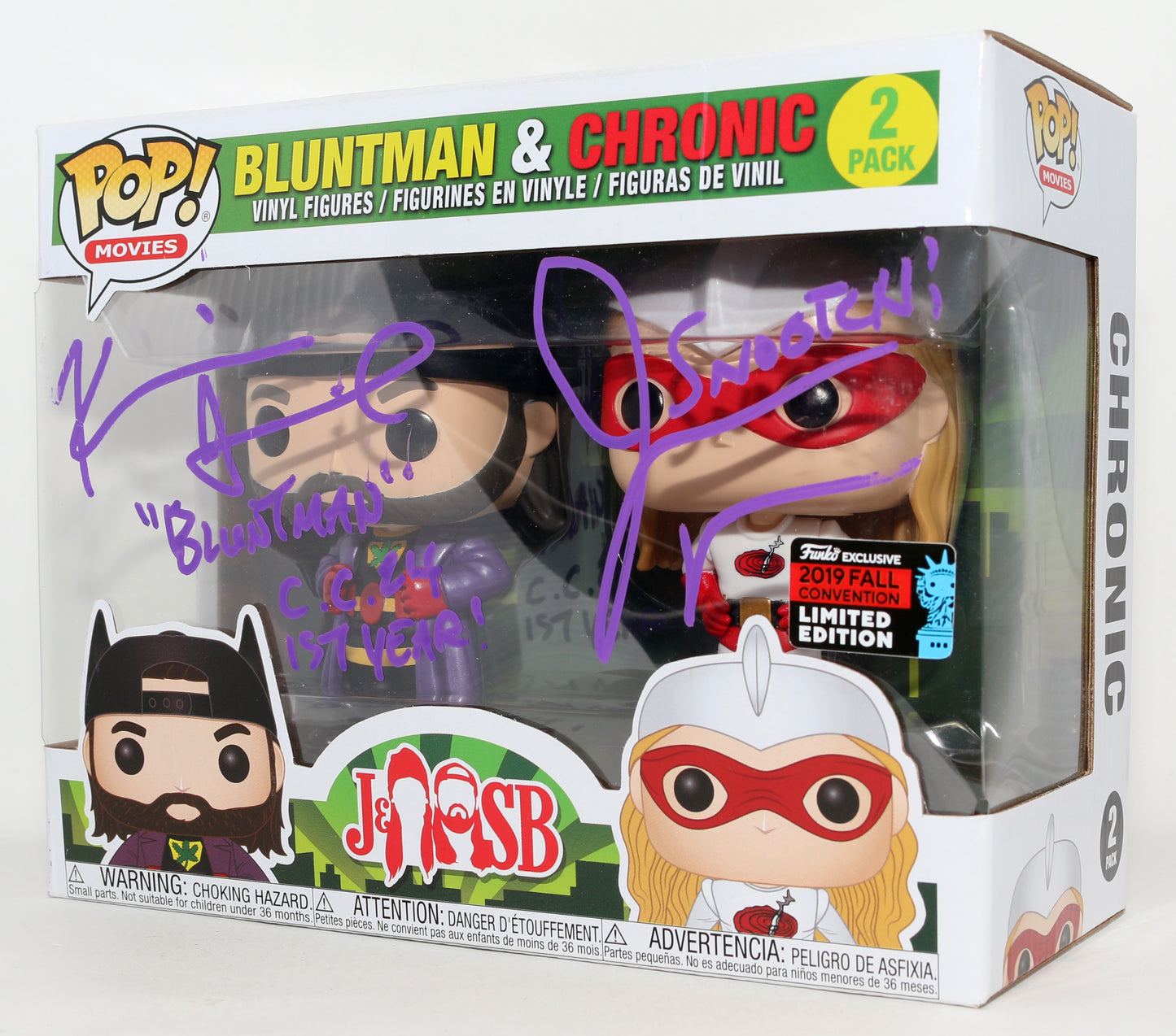 
                  
                    Jason Mewes as Jay / Chronic & Kevin Smith as Silent Bob / Bluntman in Jay and Silent Bob Strike Back 2019 Fall Convention LE Signed Funko POP! 2-Pack with Character Name & Quotes
                  
                