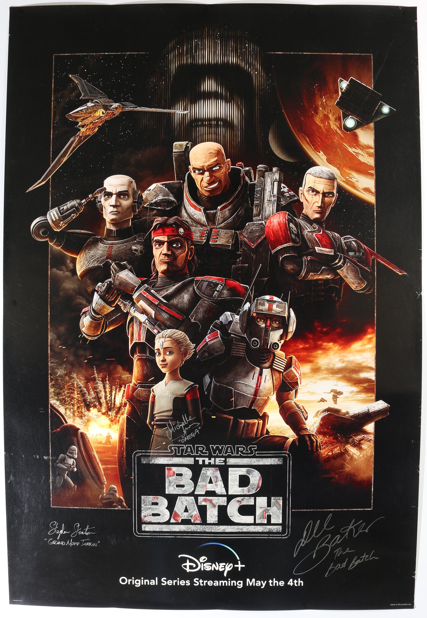 
                  
                    Dee Bradley Baker as Clone Force 99, Michelle Ang as Omega, & Stephen Stanton as Grand Moff Tarkin in Star Wars: The Bad Batch Signed 27x40 Poster with Character Names
                  
                