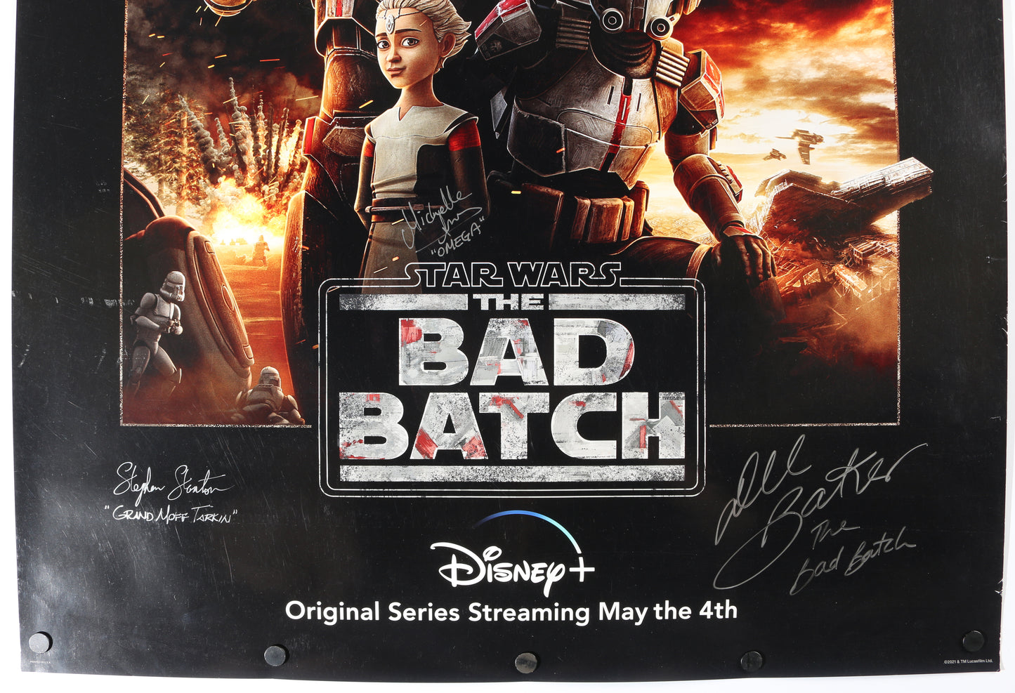 
                  
                    Dee Bradley Baker as Clone Force 99, Michelle Ang as Omega, & Stephen Stanton as Grand Moff Tarkin in Star Wars: The Bad Batch Signed 27x40 Poster with Character Names
                  
                