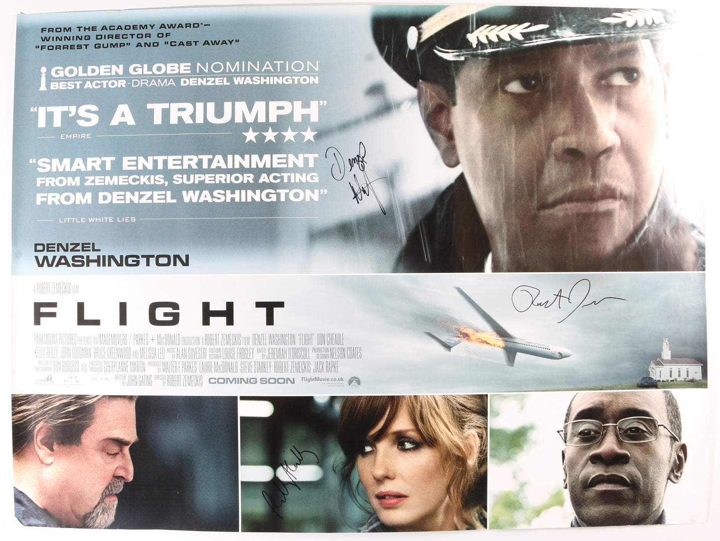 
                  
                    Denzel Washington as Whip, Kelly Reilly as Nicole, & Director Robert Zemeckis Flight Signed 30x40 Poster
                  
                