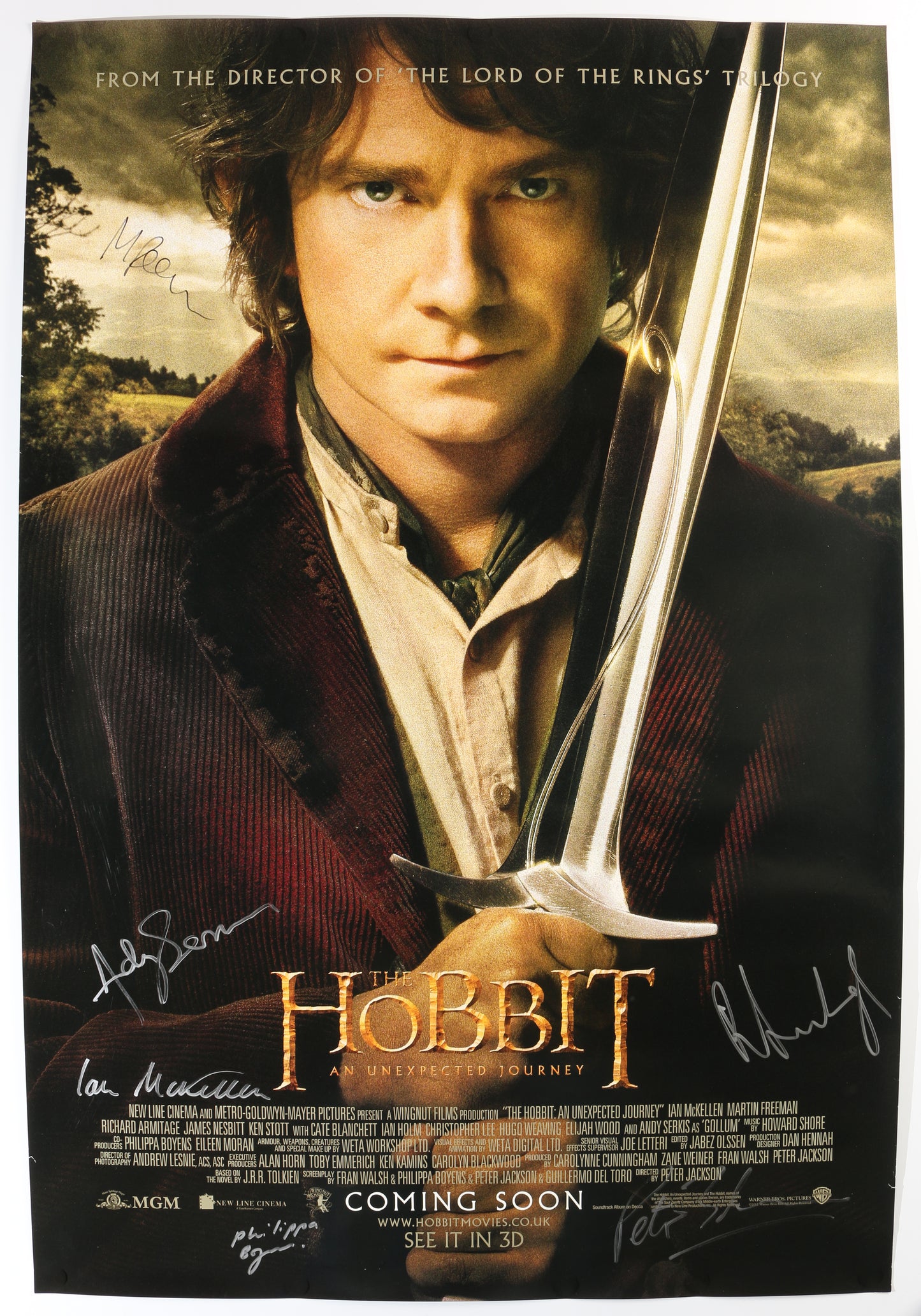 
                  
                    The Hobbit: An Unexpected Journey 27x40 Poster Cast Signed by Ian McKellen, Martin Freeman, Richard Armitage, Andy Serkis, Screenwriter: Phillipa Boyens, & Director: Peter Jackson
                  
                