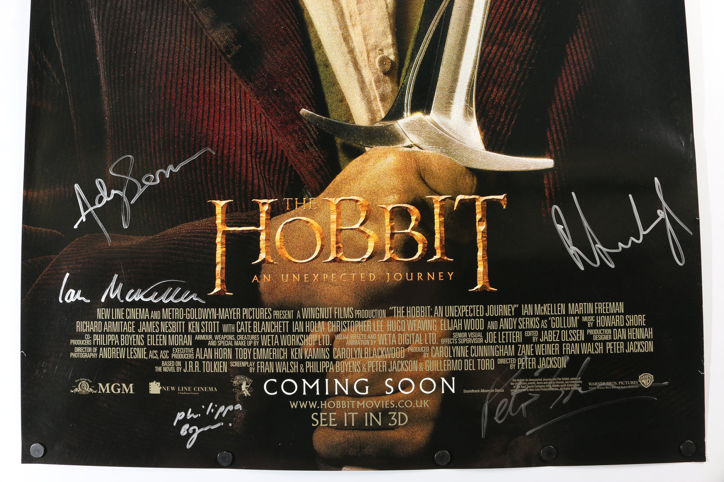 
                  
                    The Hobbit: An Unexpected Journey 27x40 Poster Cast Signed by Ian McKellen, Martin Freeman, Richard Armitage, Andy Serkis, Screenwriter: Phillipa Boyens, & Director: Peter Jackson
                  
                
