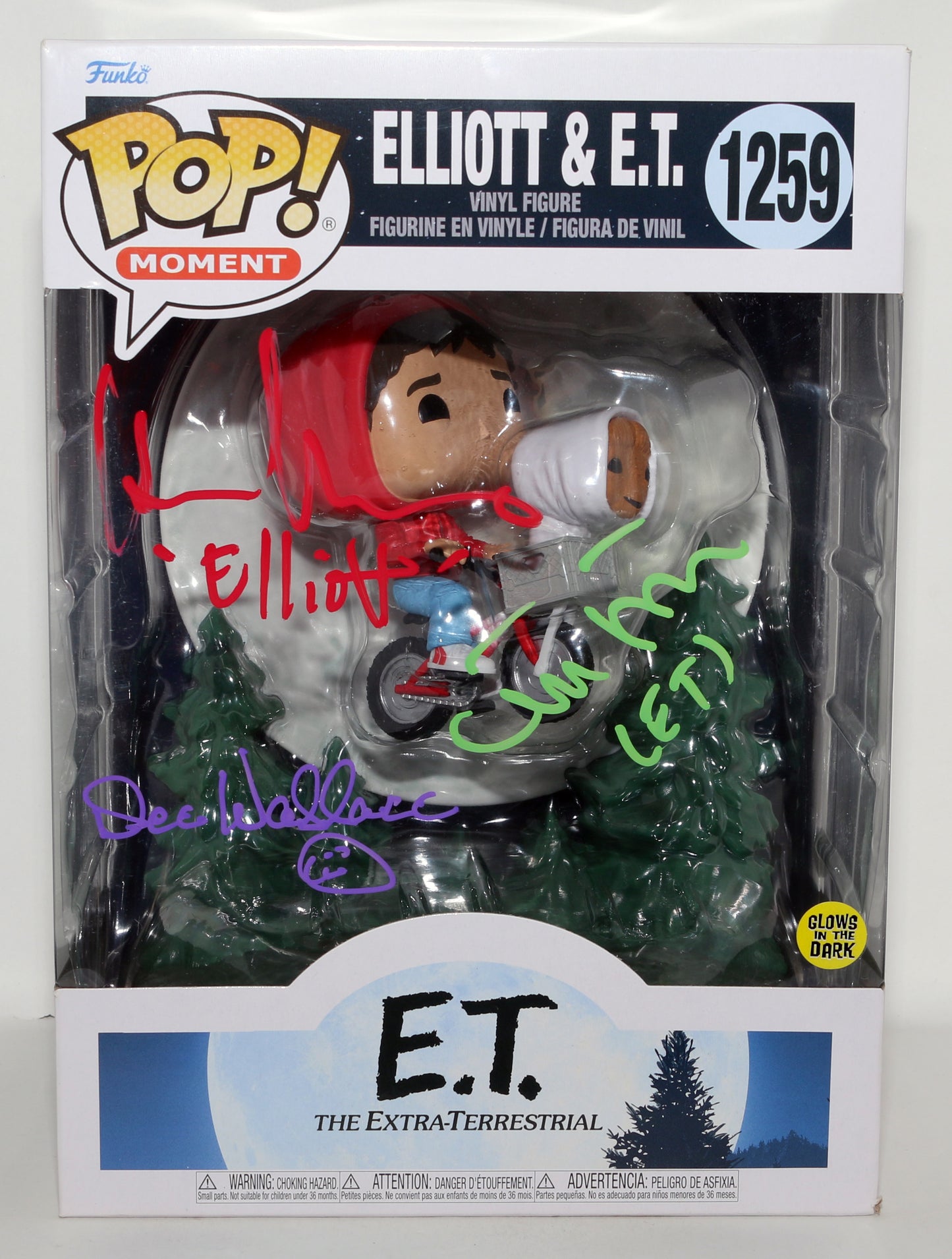 
                  
                    Henry Thomas as Elliott, Matthew De Meritt as E.T., & Dee Wallace as Mary in E.T. the Extra-Terrestrial Glow in the Dark (JSA) Signed Oversized Funko POP! #1259 with Character Names
                  
                
