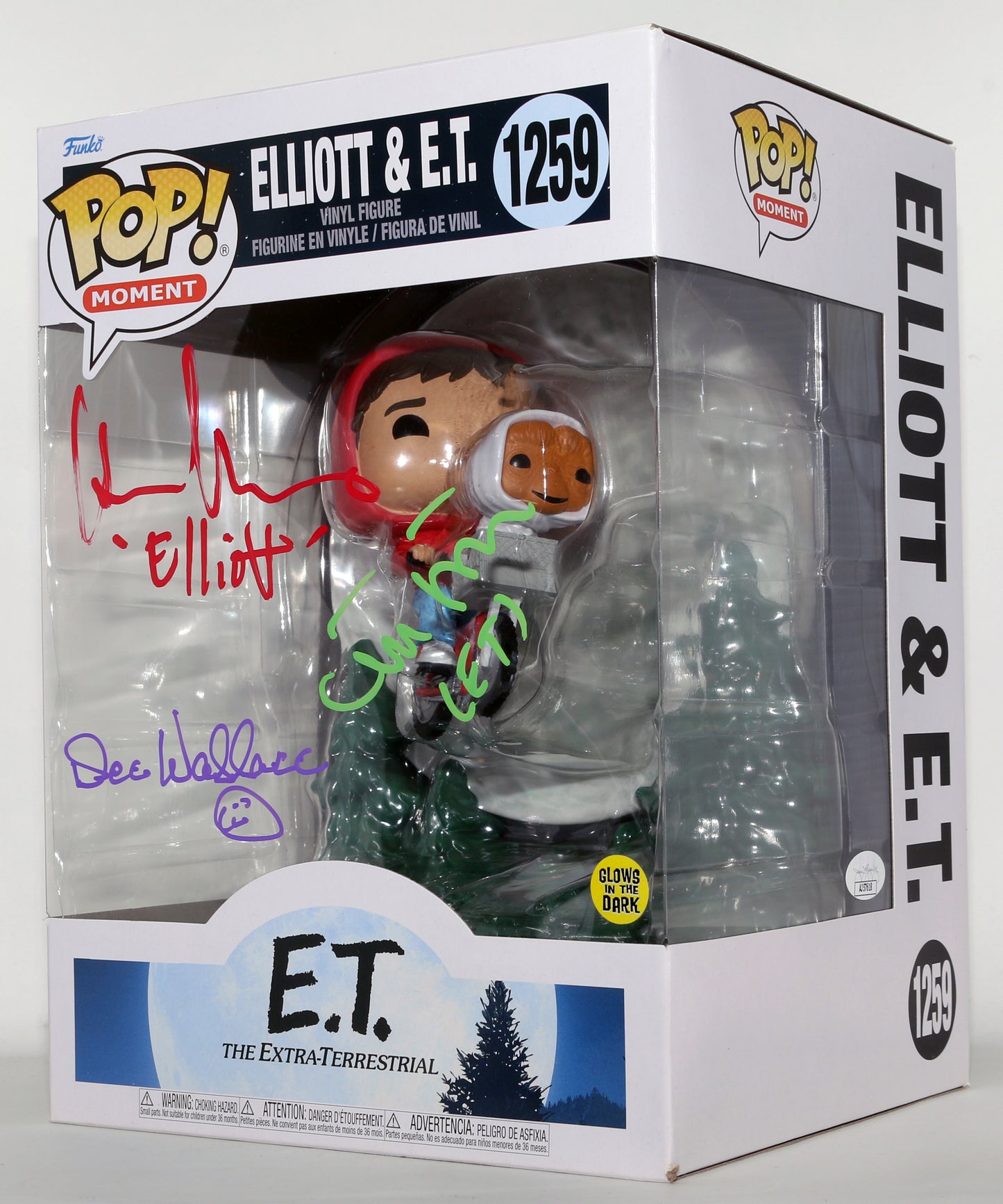 
                  
                    Henry Thomas as Elliott, Matthew De Meritt as E.T., & Dee Wallace as Mary in E.T. the Extra-Terrestrial Glow in the Dark (JSA) Signed Oversized Funko POP! #1259 with Character Names
                  
                